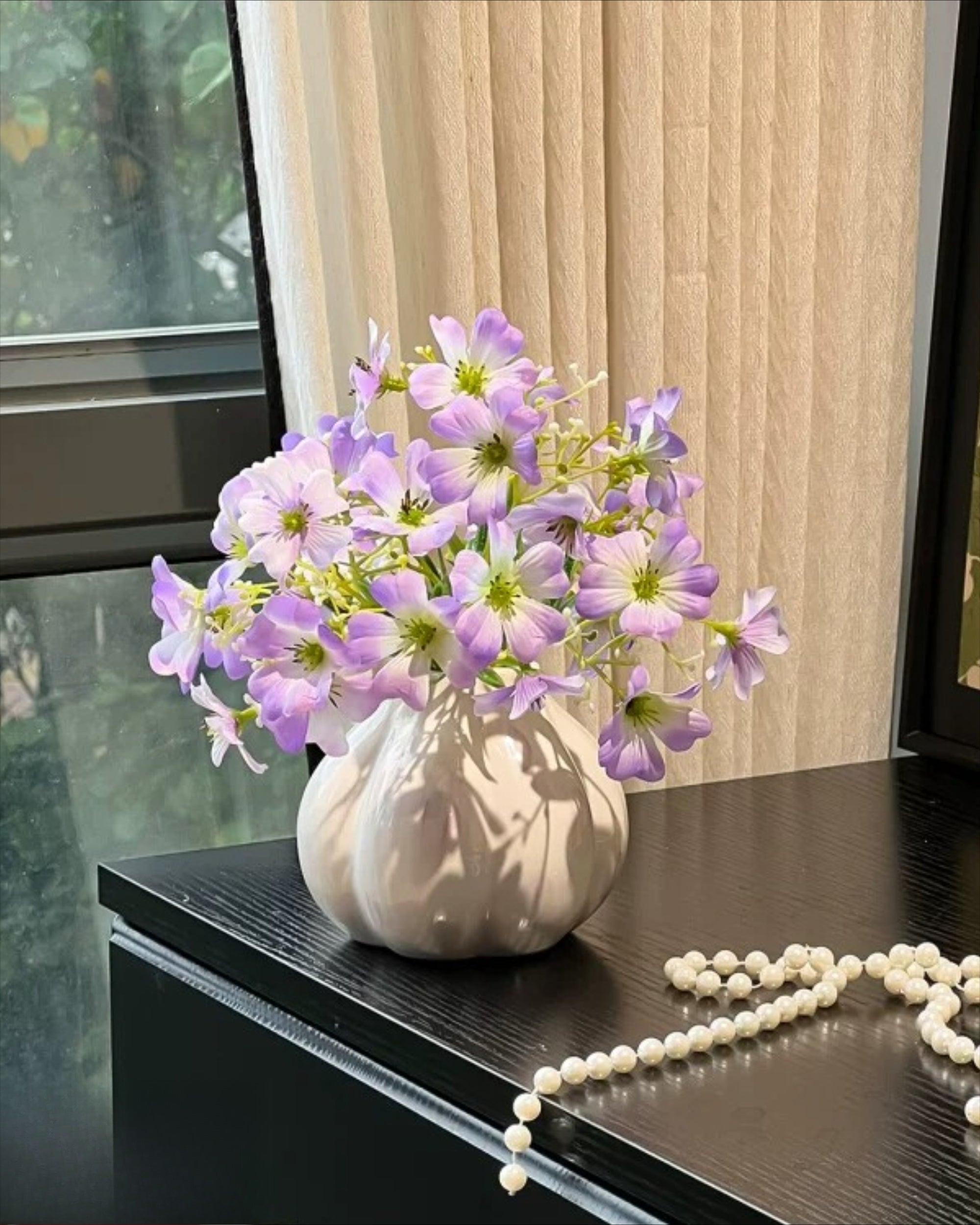 lavender silk flower arrangements Soft Lavender Oxalis Faux Floral Arrangement with Vase – Chavanic