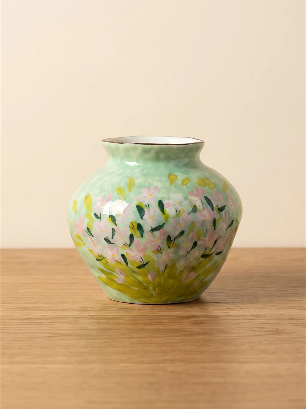 Impressionist Floral Hand-painted Green Ceramic Vase