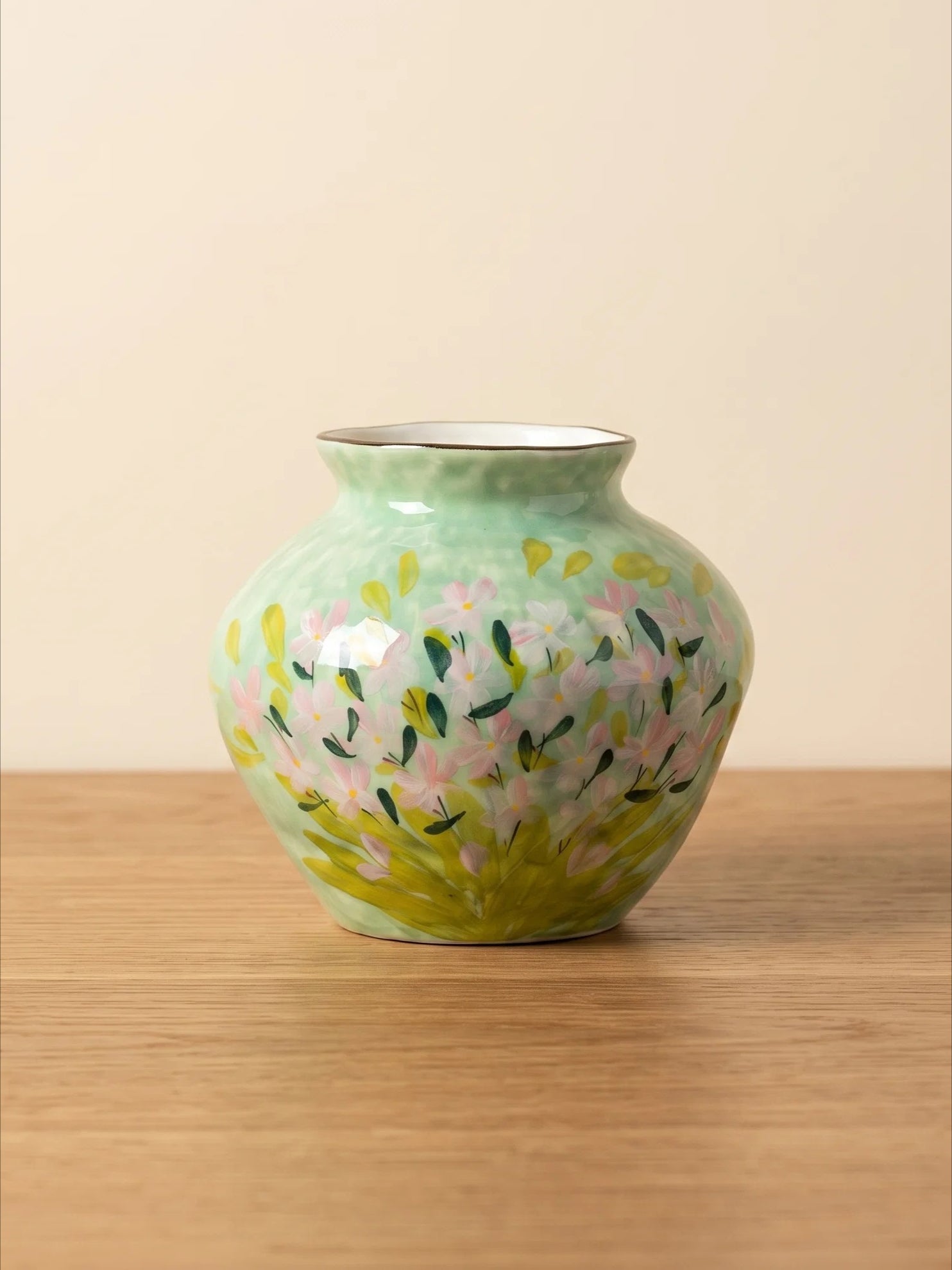 Impressionist Floral Hand-painted Green Ceramic Vase