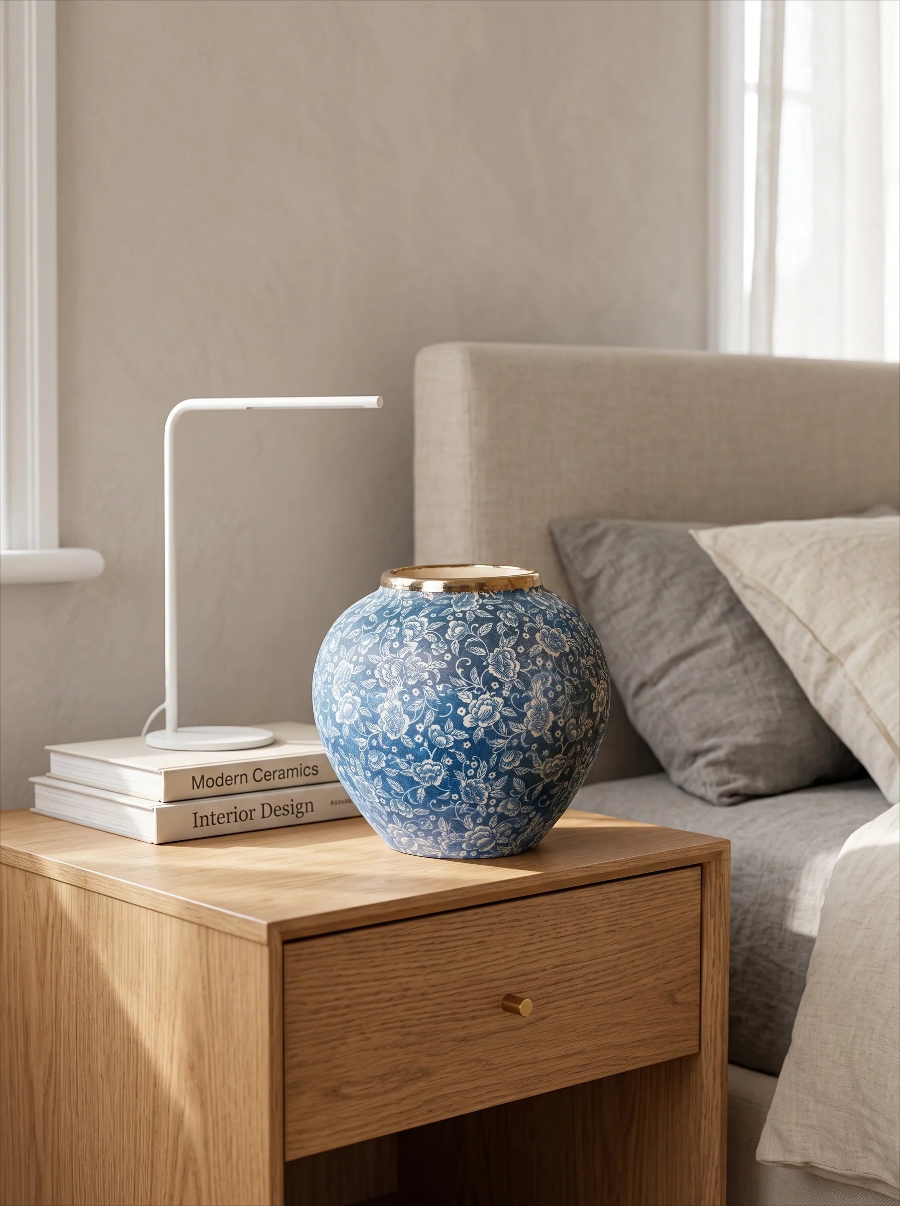 Classic Gilded Blue and White Floral Stoneware Vase