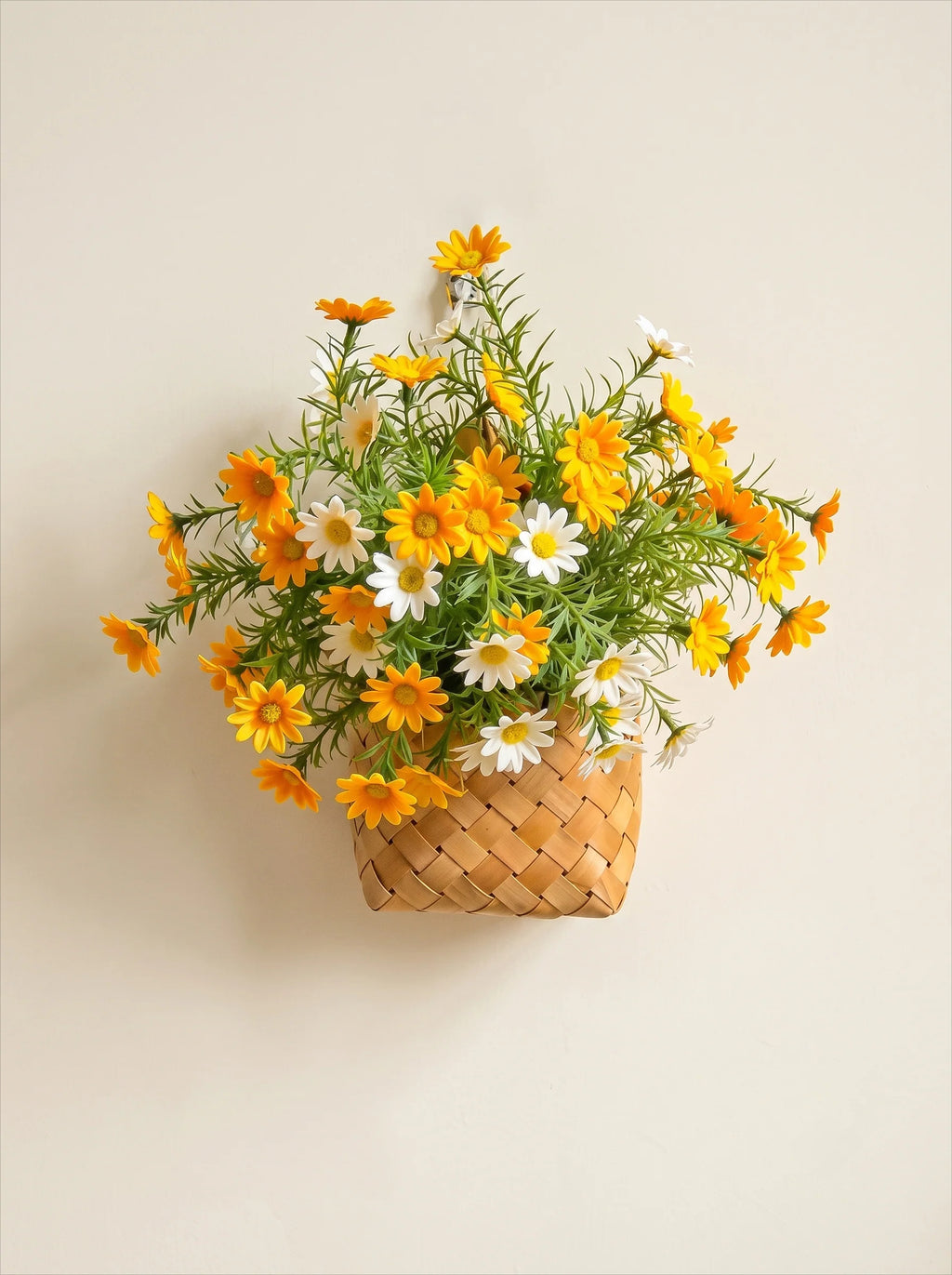 Sunlit Daisy & Chamomile Faux Floral Basket Arrangement