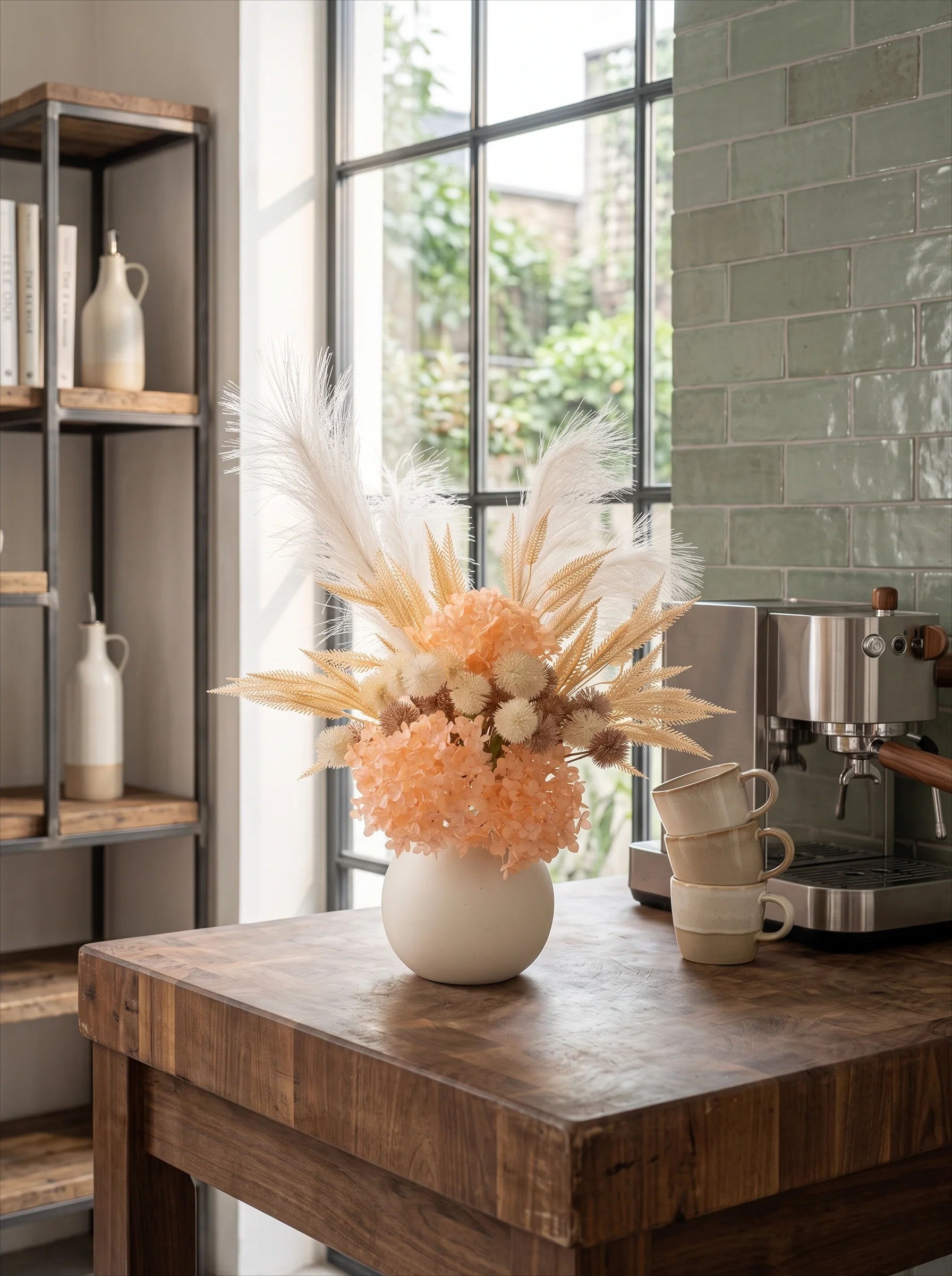 Faux Floral Arrangement - Peach Hydrangea & Neutral Pampas Grass