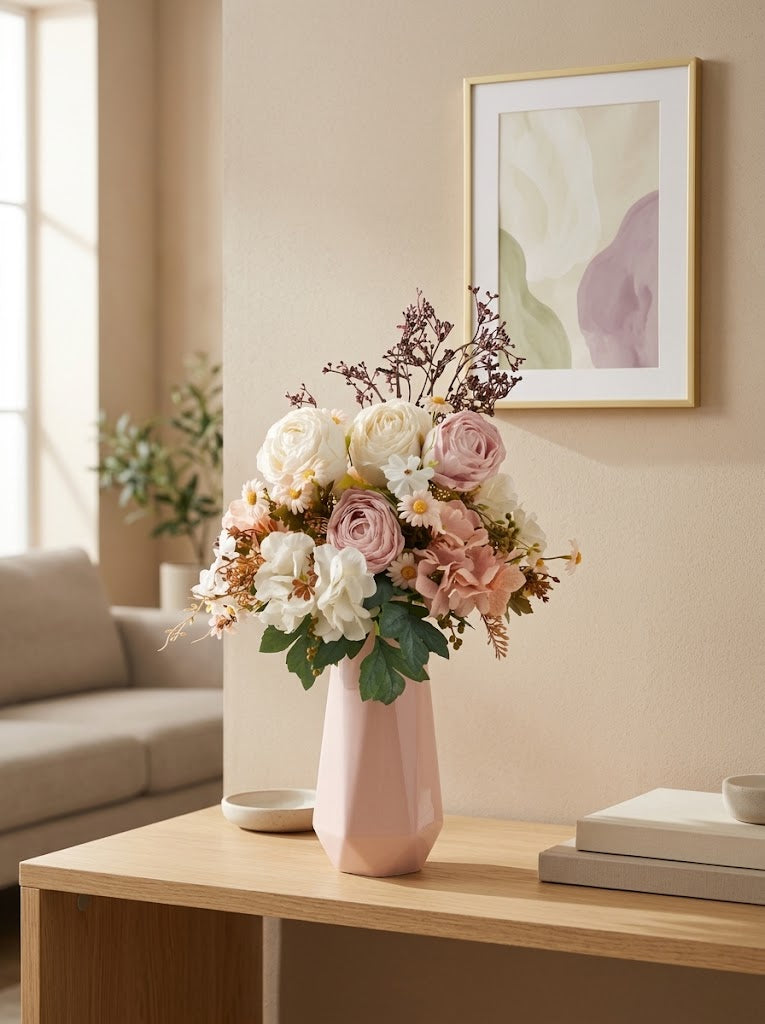 French Country Creamy Pink Rose Daisy Faux Floral Arrangement