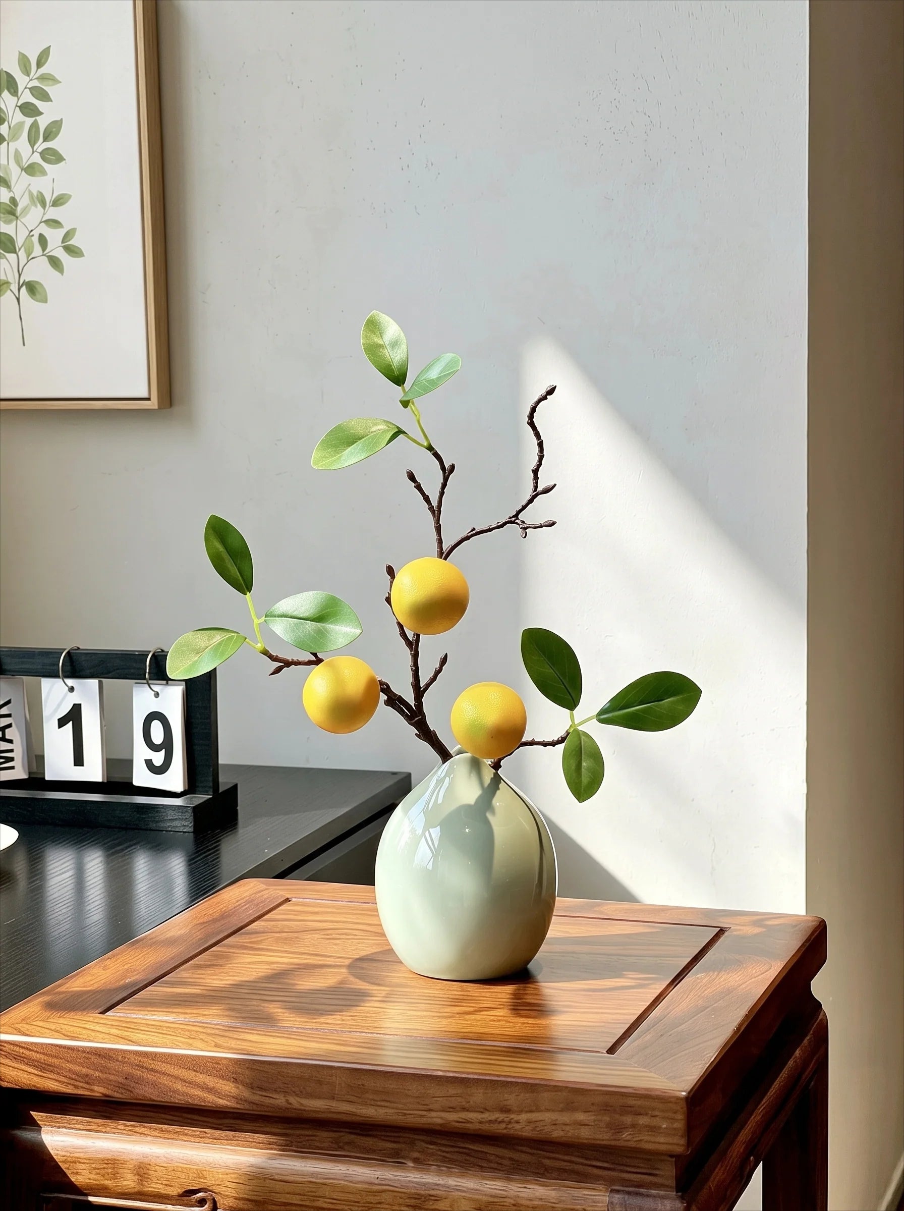 Serene Zen Lemon Fruit Sculpture Artificial Floral Arrangement