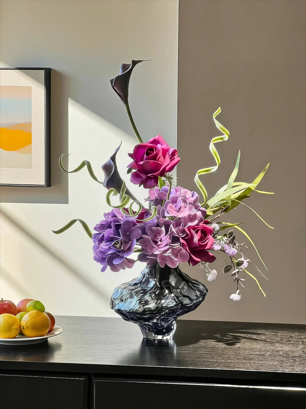 Moody Purple Hydrangea & Rose Faux Floral Arrangement