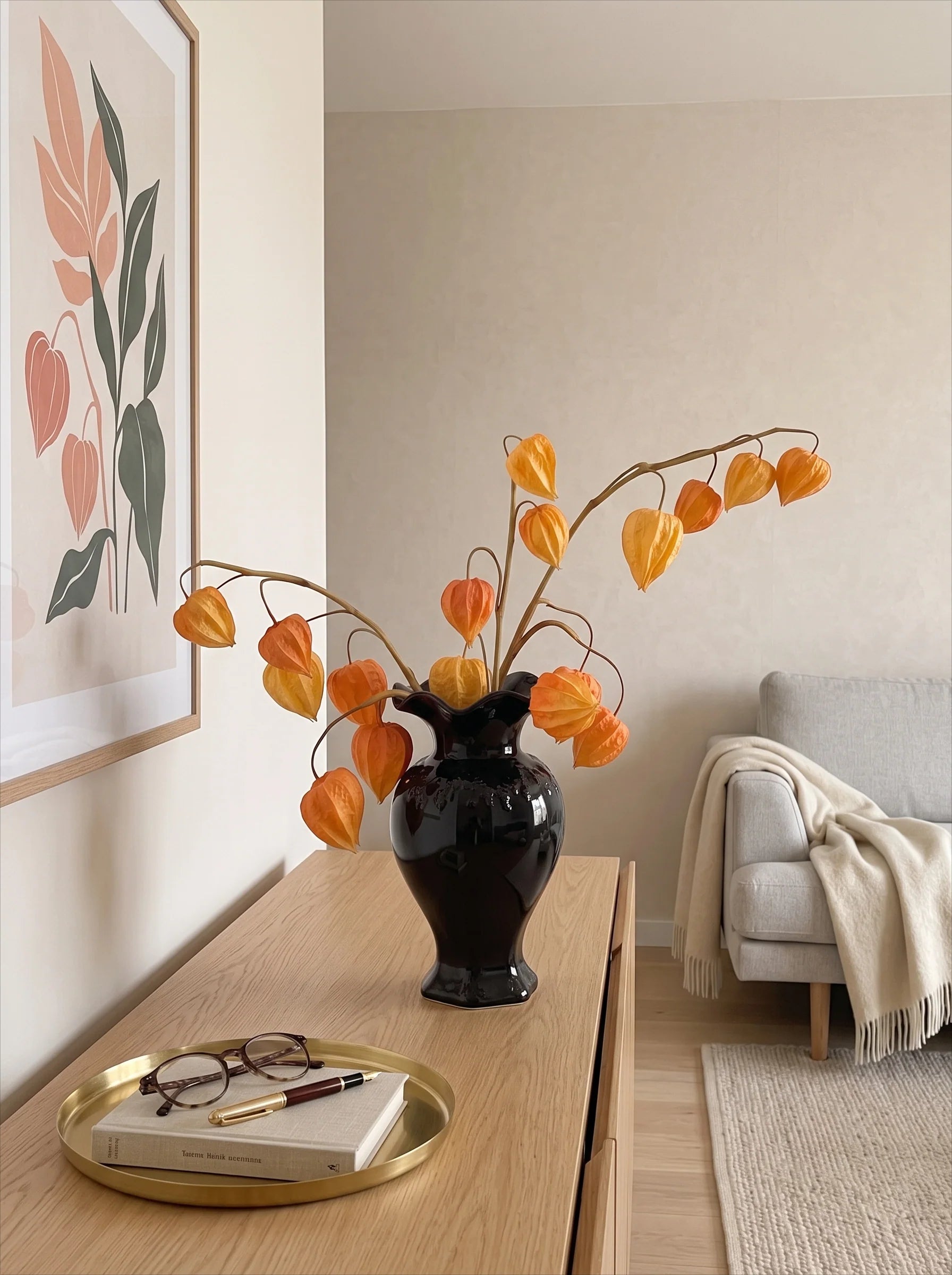 Faux Physalis Flower Arrangement - Light Orange (3 Stems)