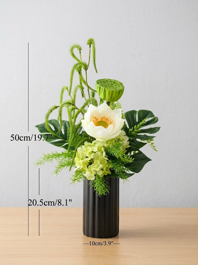 Zen White Lotus and Lotus Pod Botanical Faux Floral Arrangement