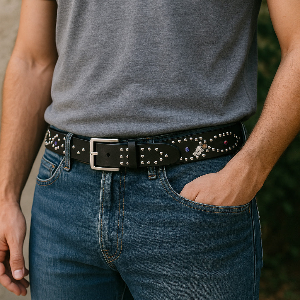 Vintage Studded Rhinestone Black Leather Belt