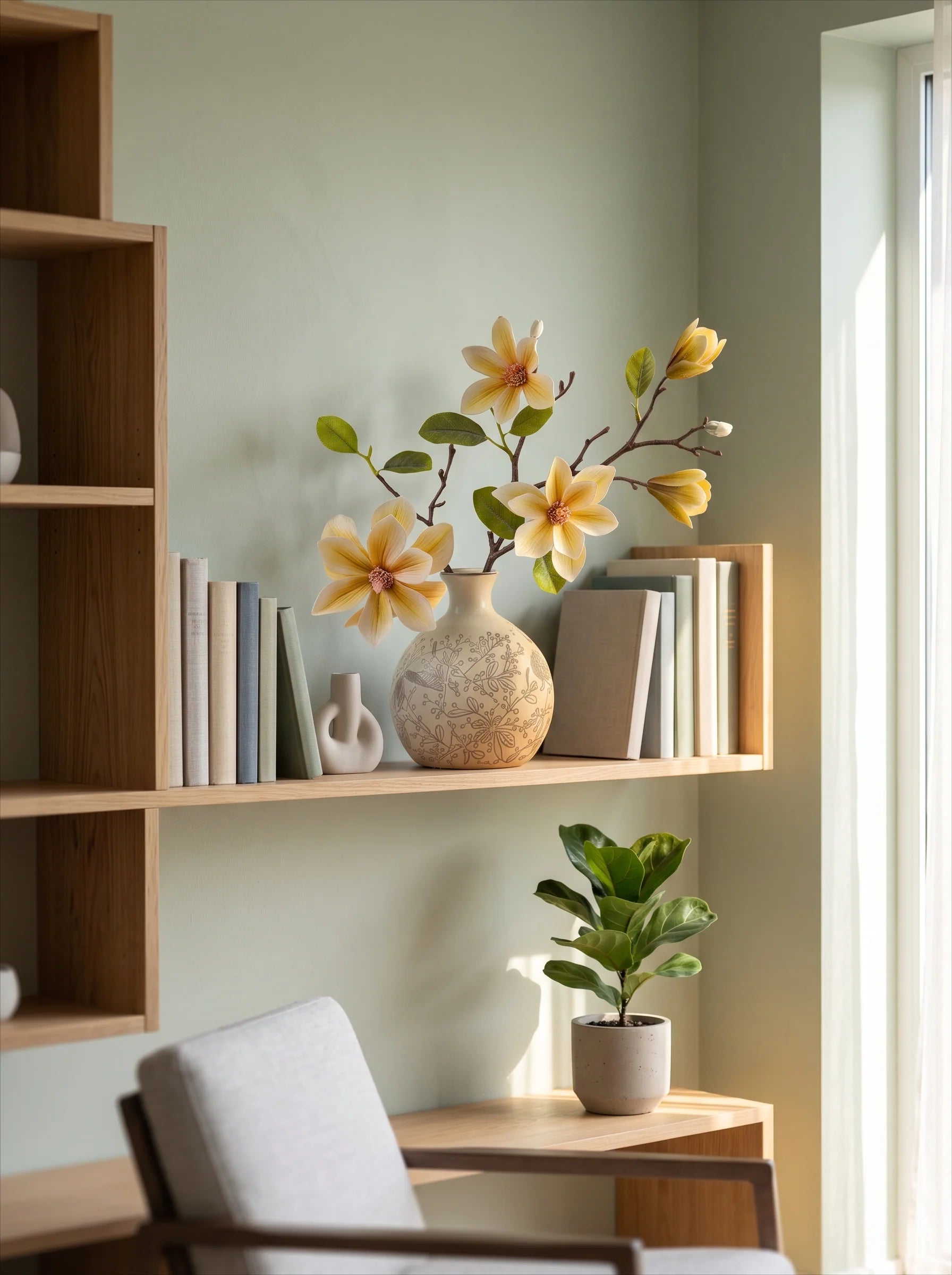 Vintage Yellow Magnolia Faux Floral Arrangement with Vase