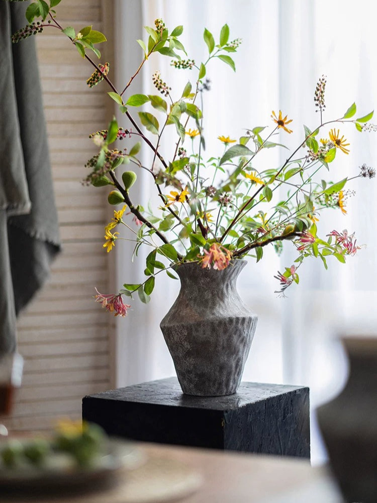 Wabi-Sabi Textured Charcoal Ceramic Artisanal Vase