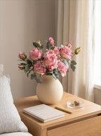Künstliches Blumenarrangement - Pinke Rose & Grünpflanzen (4 Stiele)