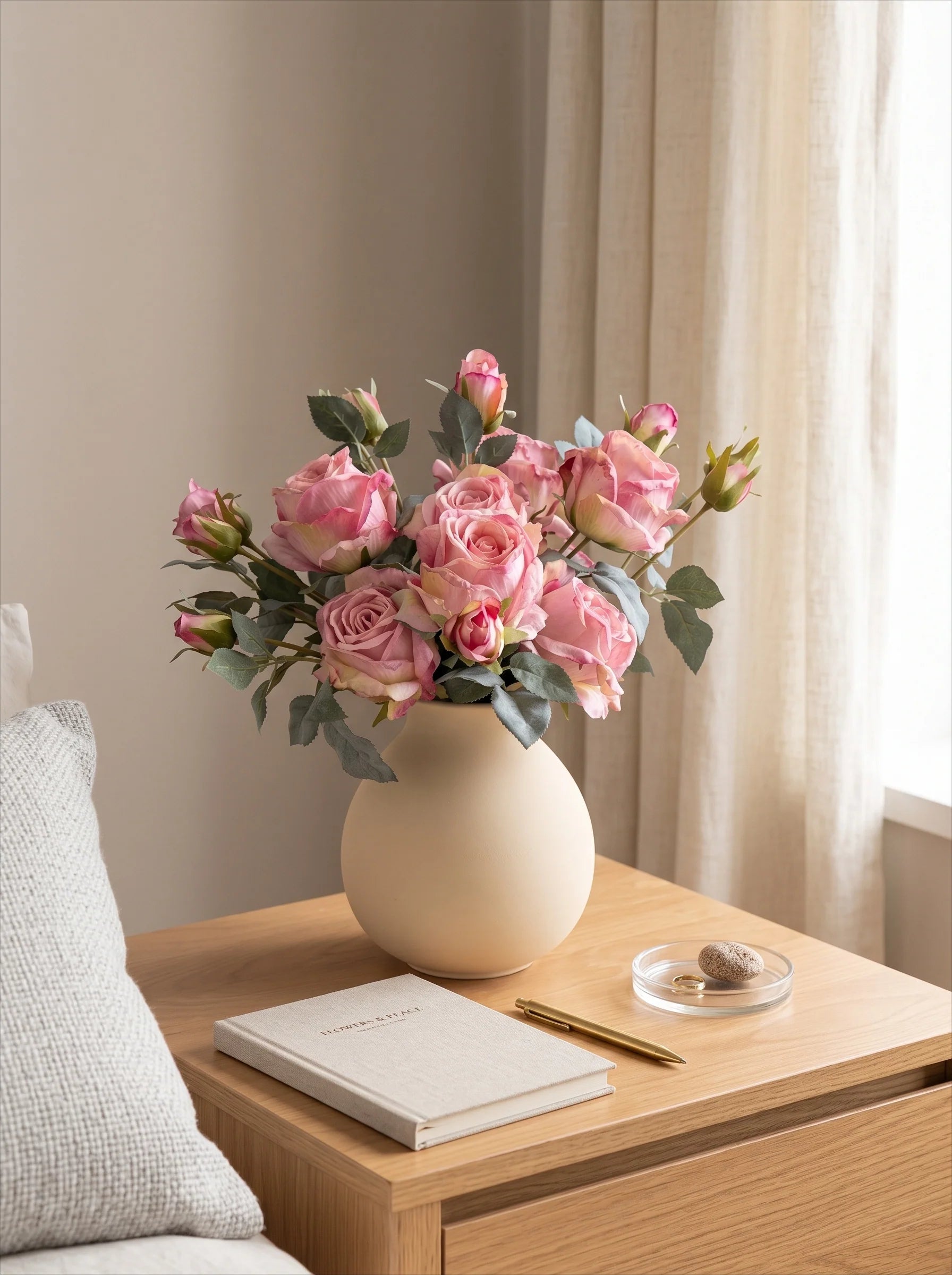Faux Floral Arrangement - Pink Rose & Greenery (4 Stems)