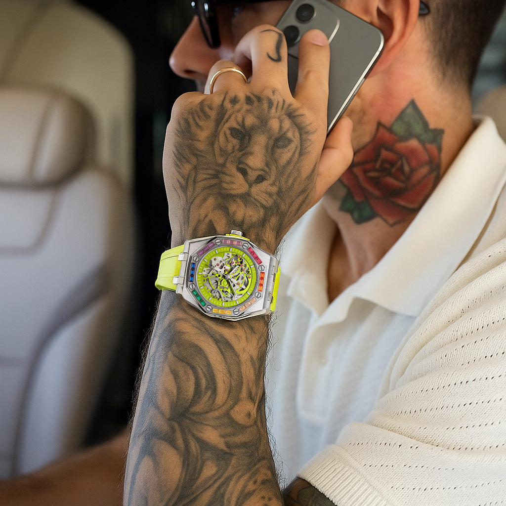 Men's Luxury Automatic Watch with Rainbow-Set Diamonds