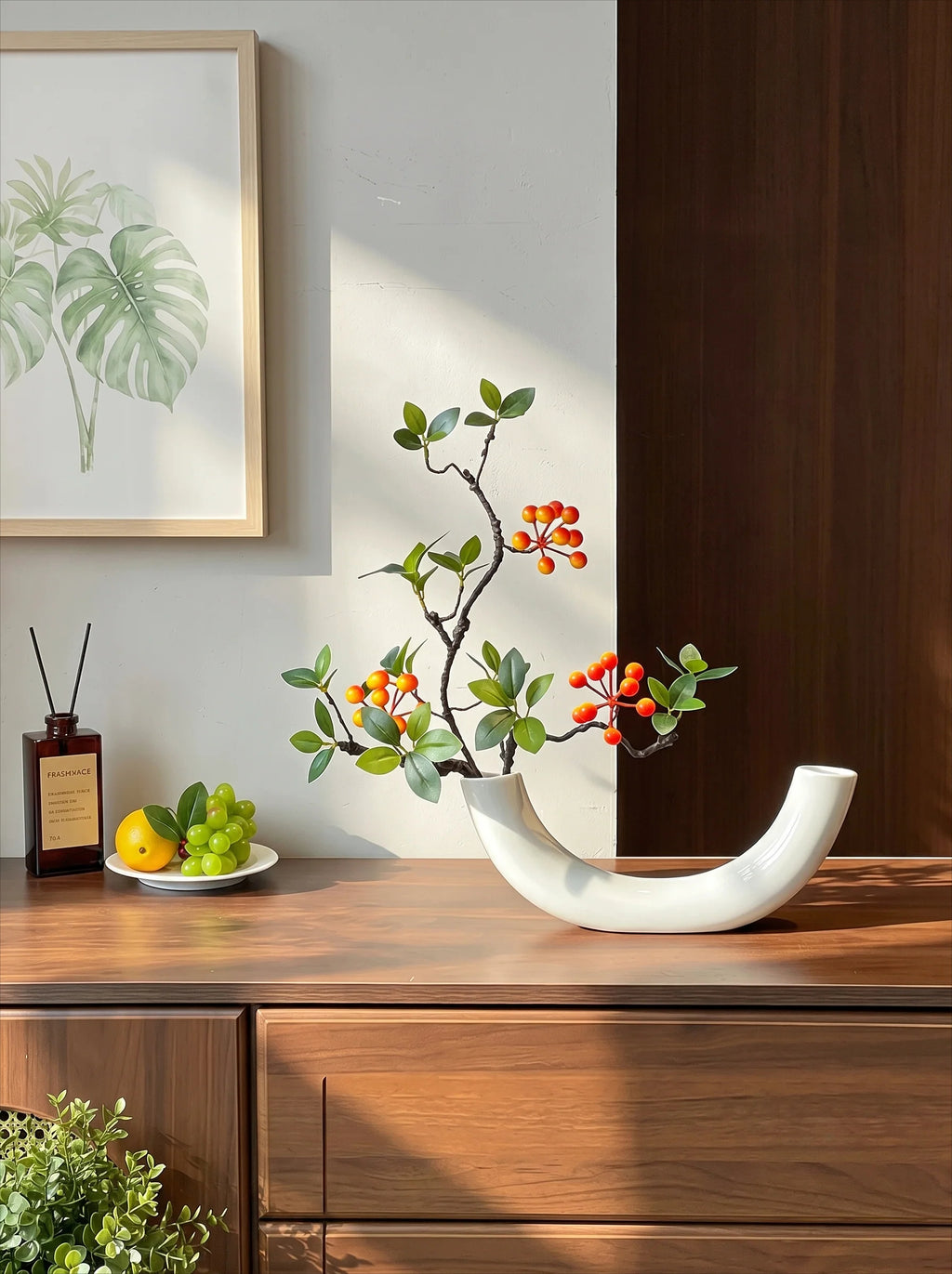 Minimalist Zen Crabapple Branch Luxe Artificial Floral Arrangement