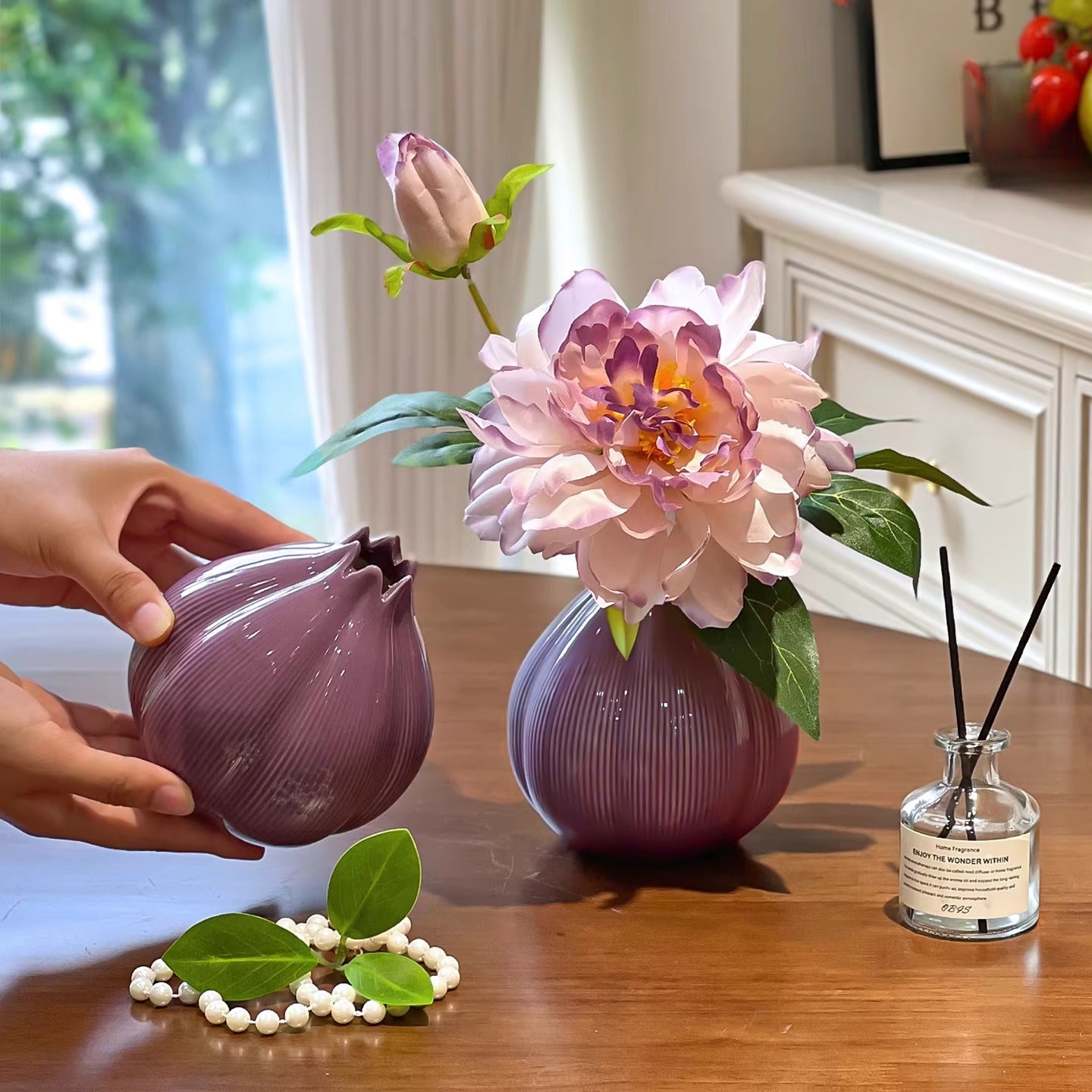 Ethereal Lavendel Pioenroos Ui Vaas kunstbloemstuk