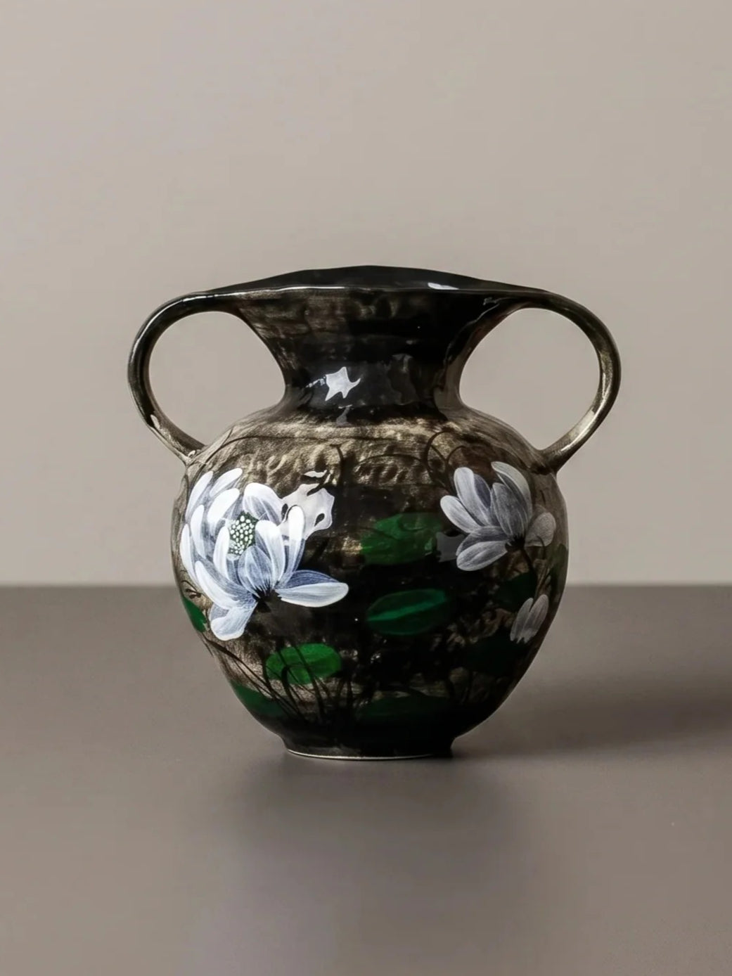 Hand-Painted White Lotus Two-Handled Vase