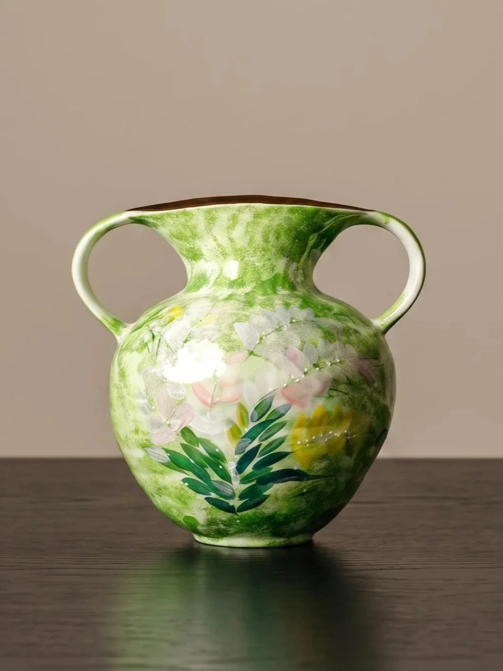 Hand-Painted Green Floral Two-Handled Vase