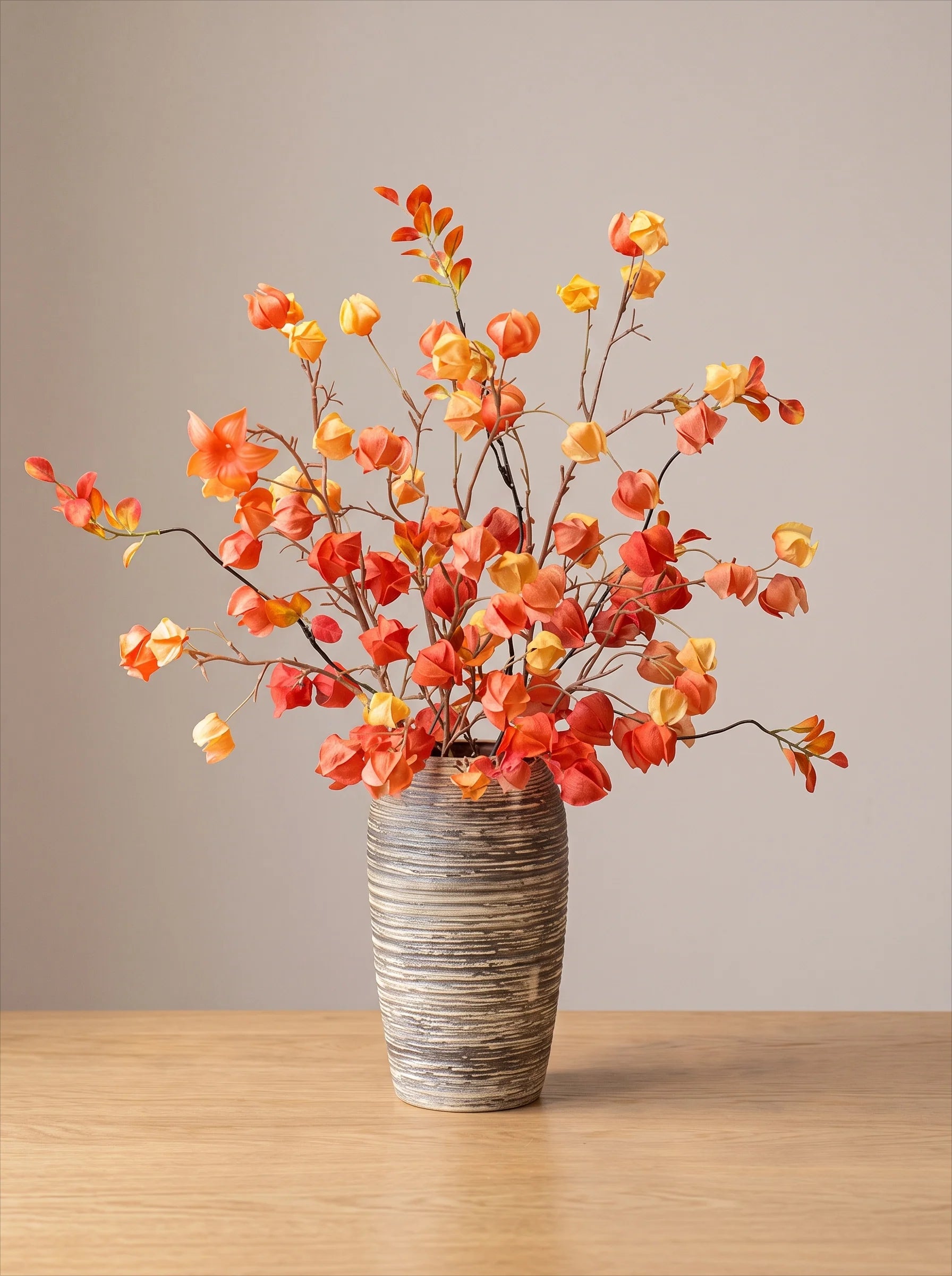 Autumn artificial flower branch arrangement in a ribbed gray ceramic vase, set on a light wood tabletop against a neutral beige background.