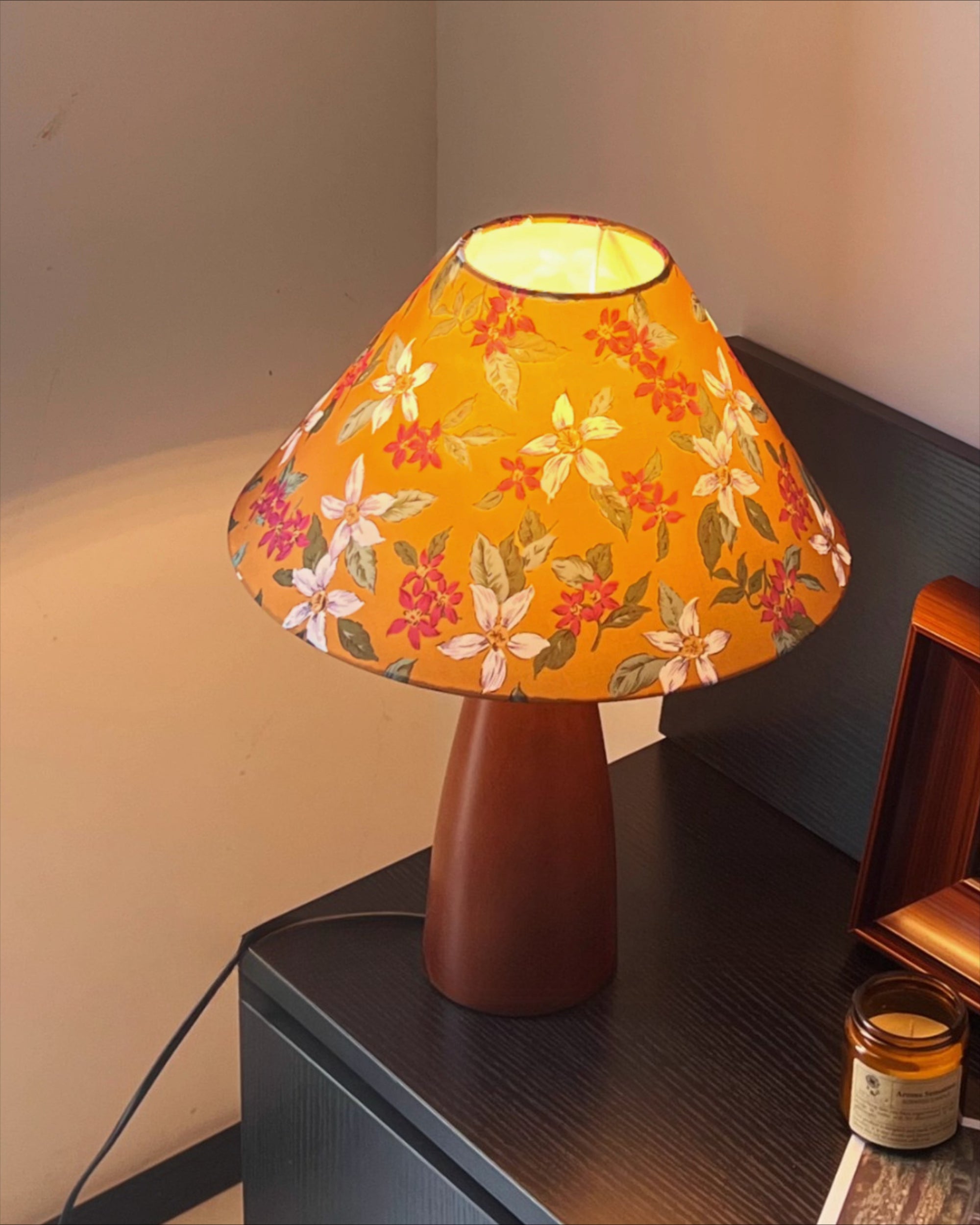 Mid-Century Floral Fabric Shade Table Lamp with Teardrop Wood Base