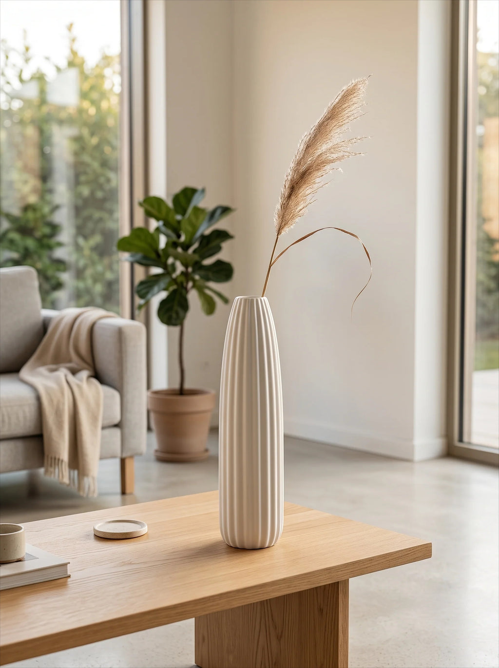 White Ribbed Ceramic Vase