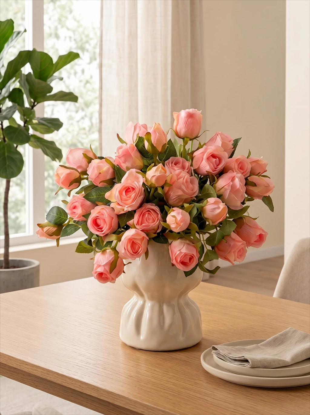 Blush Burned Edge Rose Bouquet Faux Floral Arrangement