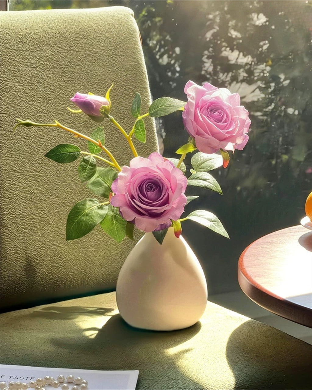Stoffig Lavendel Roos Faux Bloemstuk met Vaas