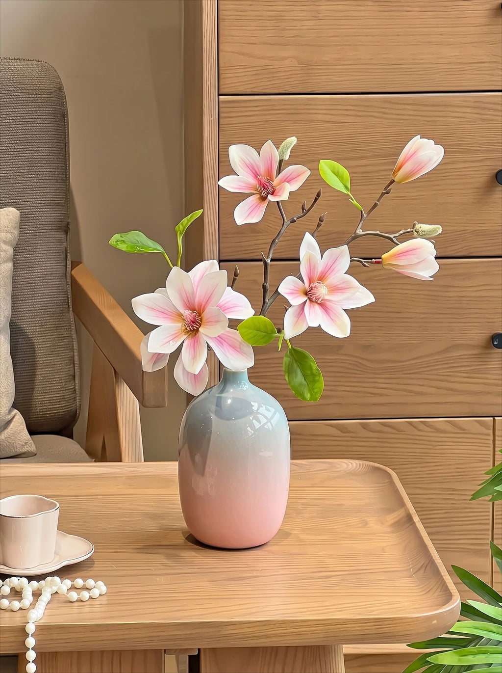Pink Magnolia Gradient Vase Faux Floral Arrangement with Vase