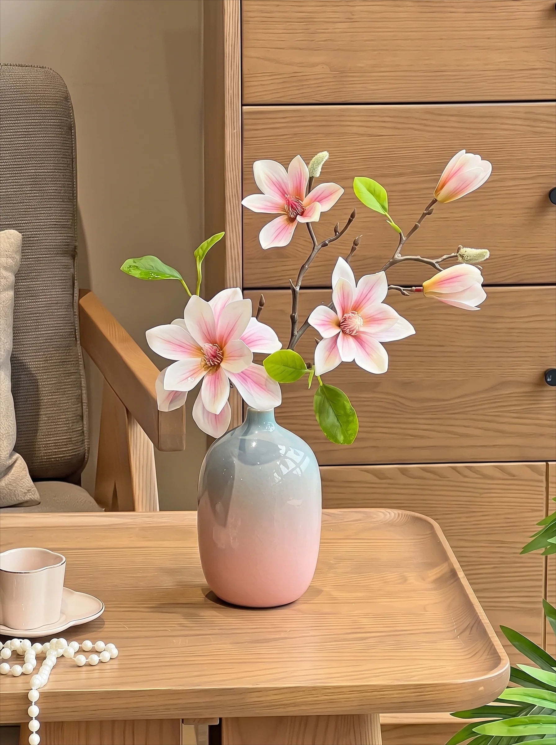 Pink Magnolia Gradient Vase Faux Floral Arrangement with Vase