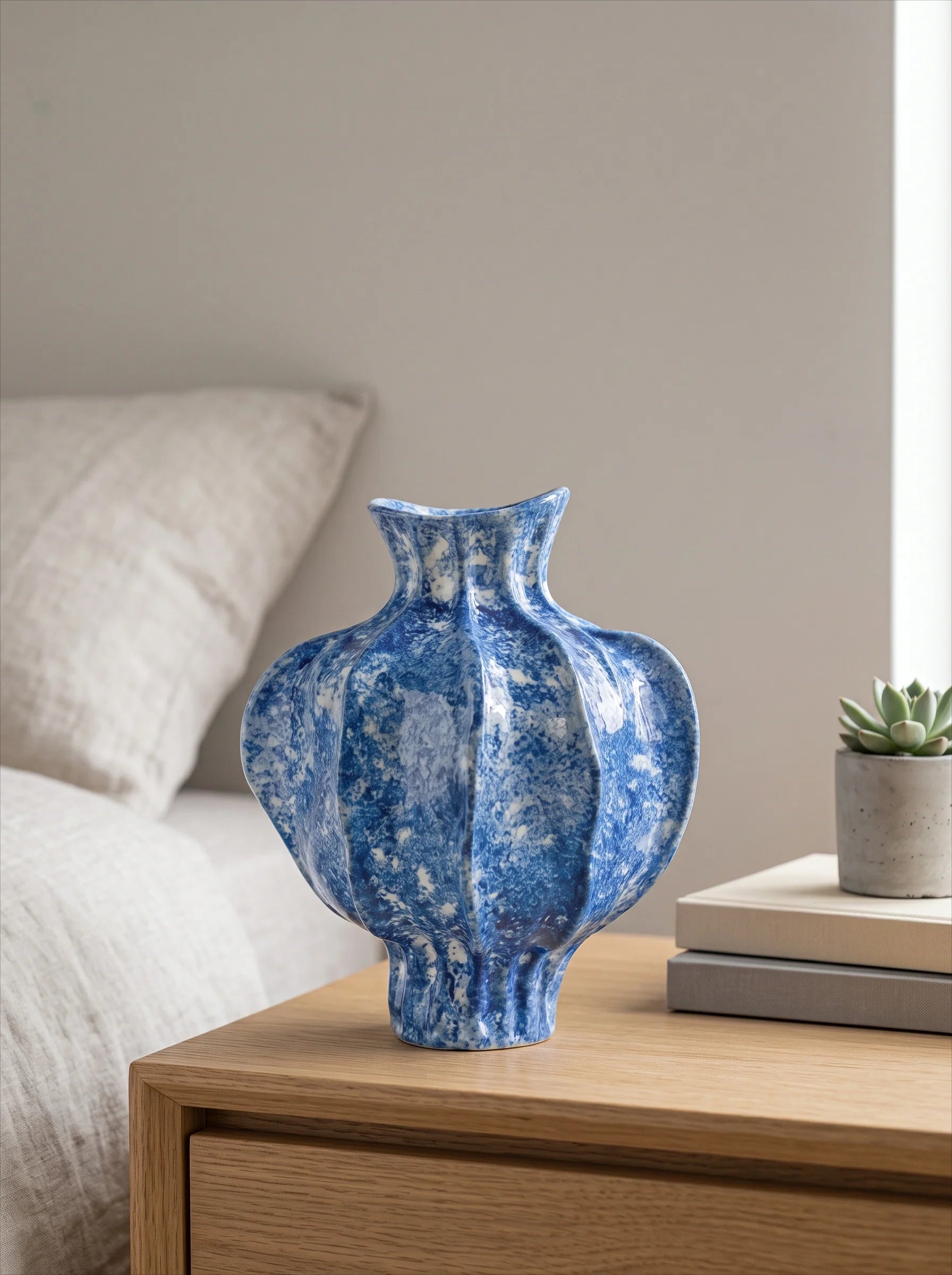 Artisan Sculptural Lapis-Blue Speckled Ceramic Vase