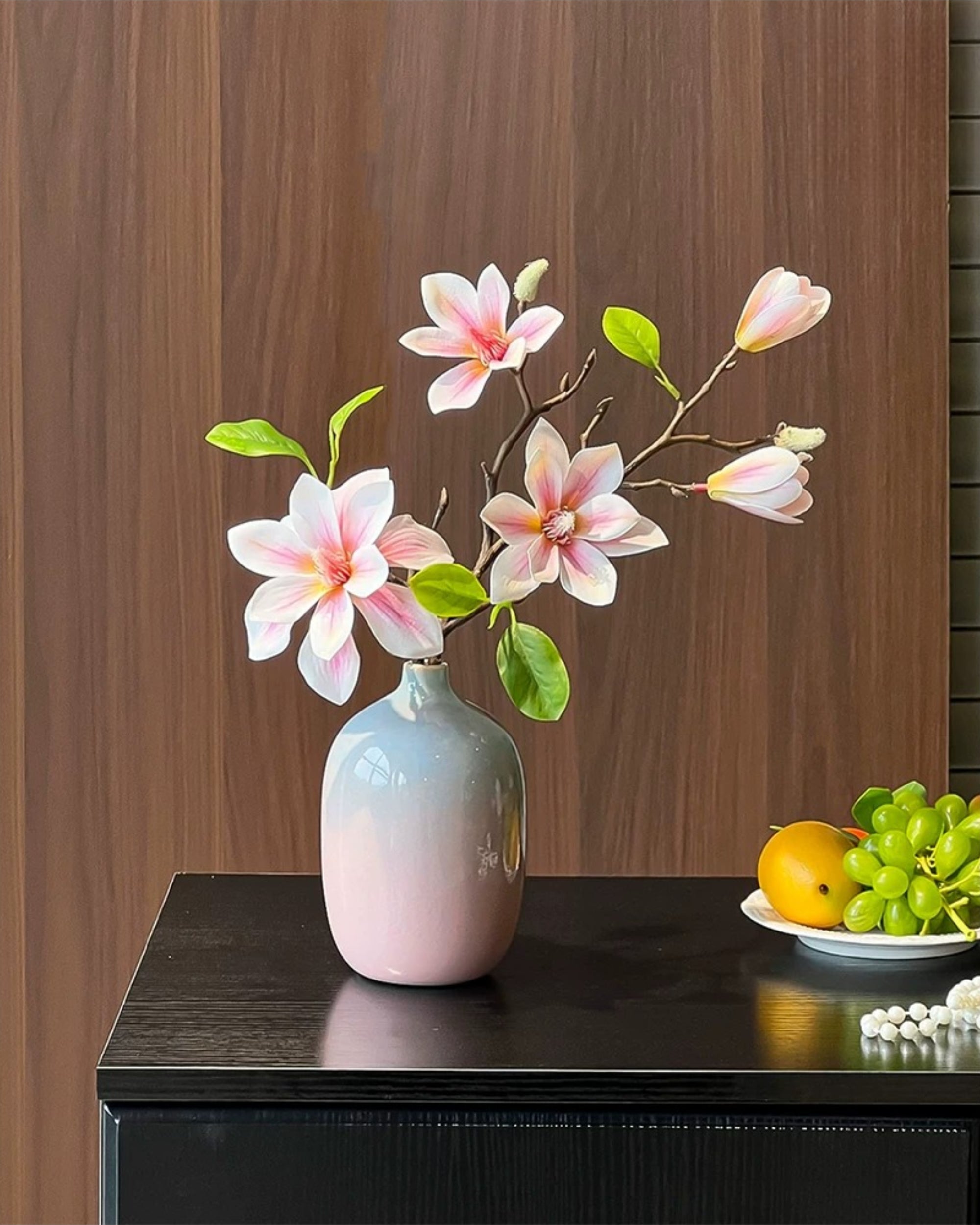 Arrangement floral artificiel Magnolia Rose Dégradé en Vase avec Vase