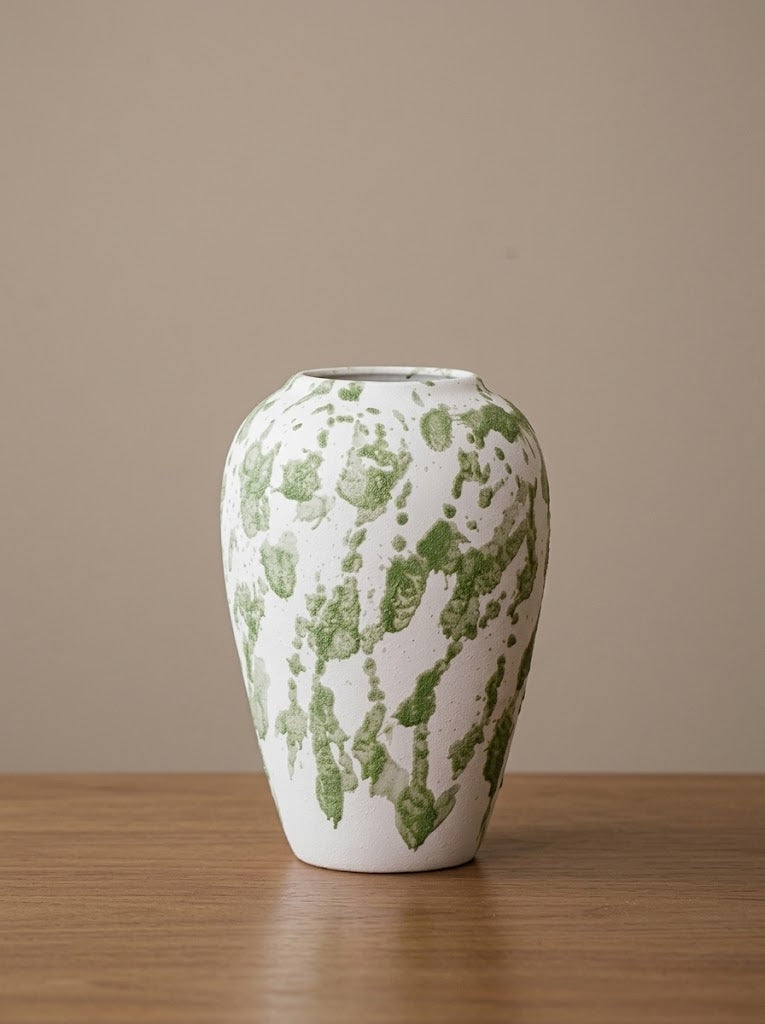 Artisanal Green Splatter White Vase