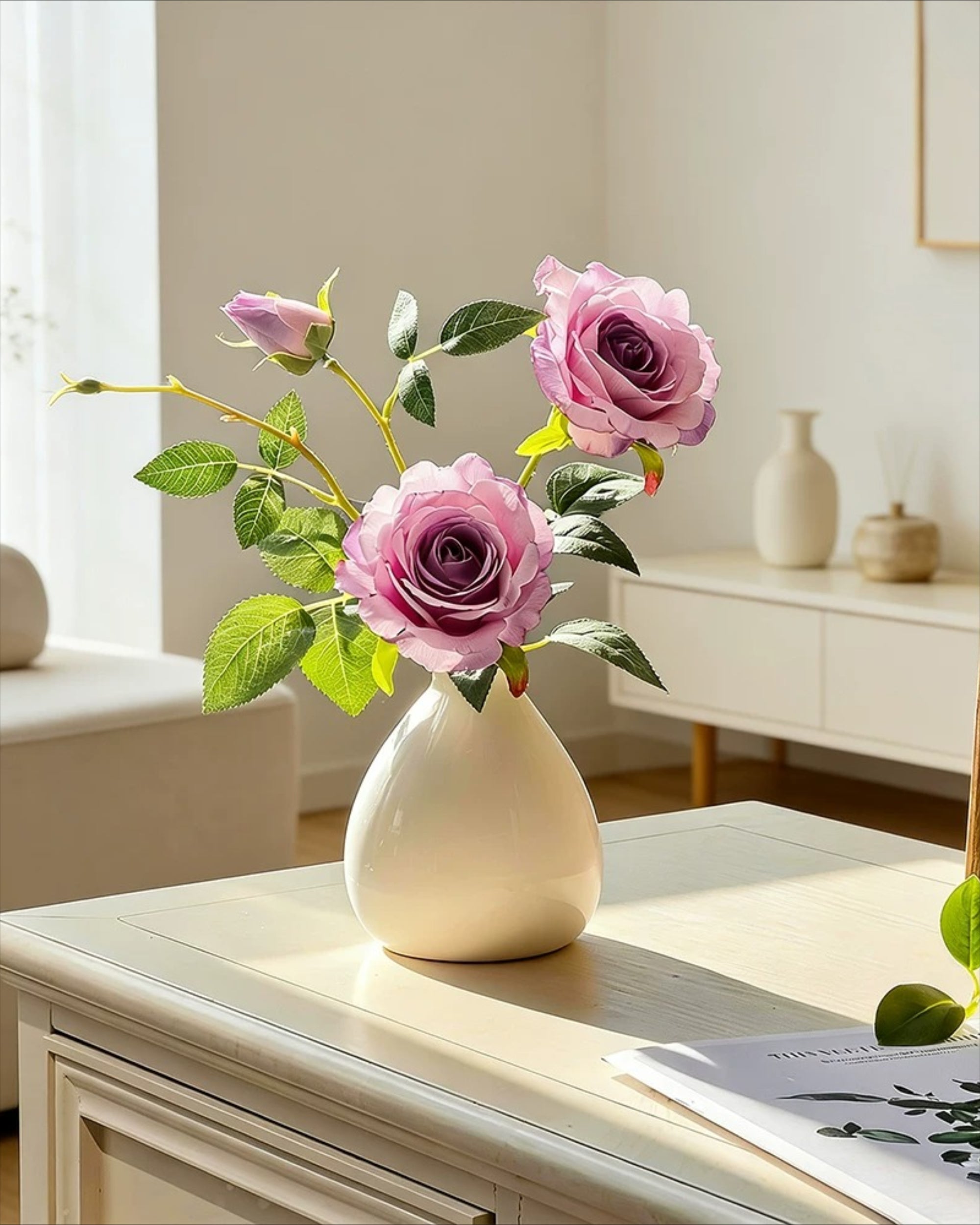 Arrangement floral artificiel Rose Lavande Poussiéreuse avec Vase
