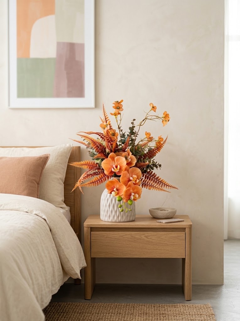 Autumn Terracotta Orange Orchid Botanical Faux Floral Arrangement