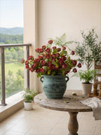 Vintage Crimson Mini Rose Artificial Floral Arrangement with Rustic Elegance