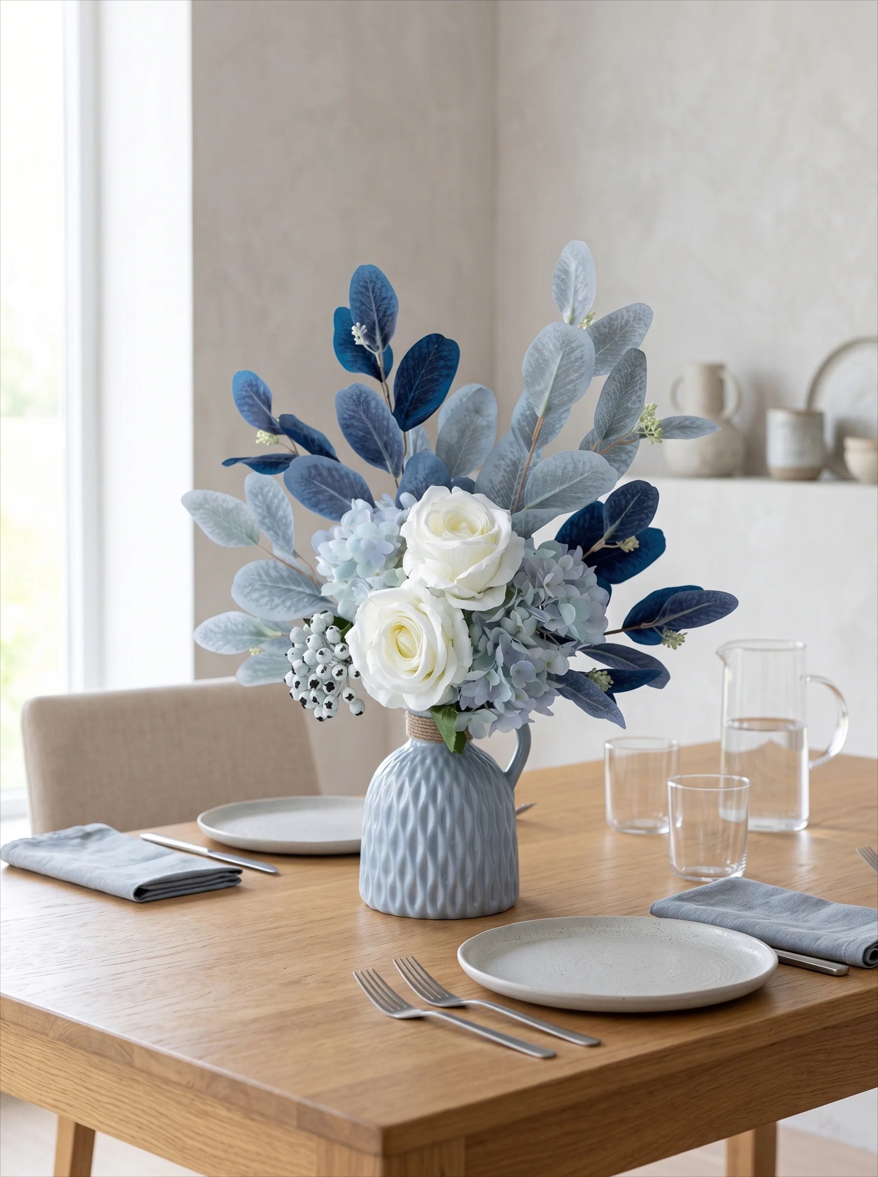 Blue & White Harmony Faux Floral Bouquet with Frosted Foliage