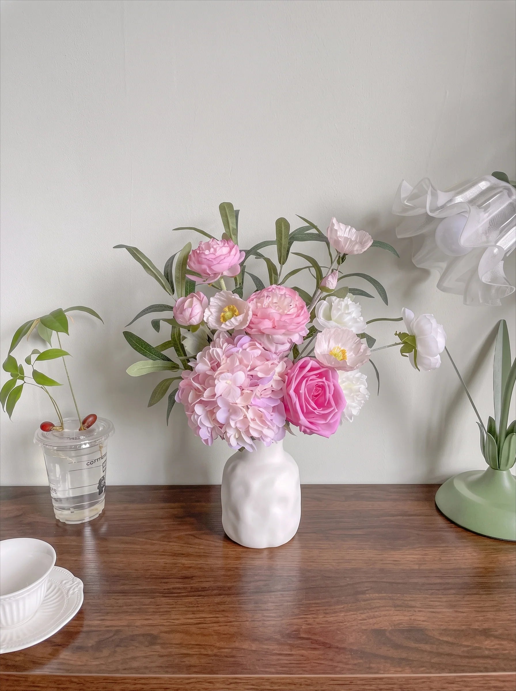 Blush Woodland Rose & Hydrangea Faux Floral Arrangement