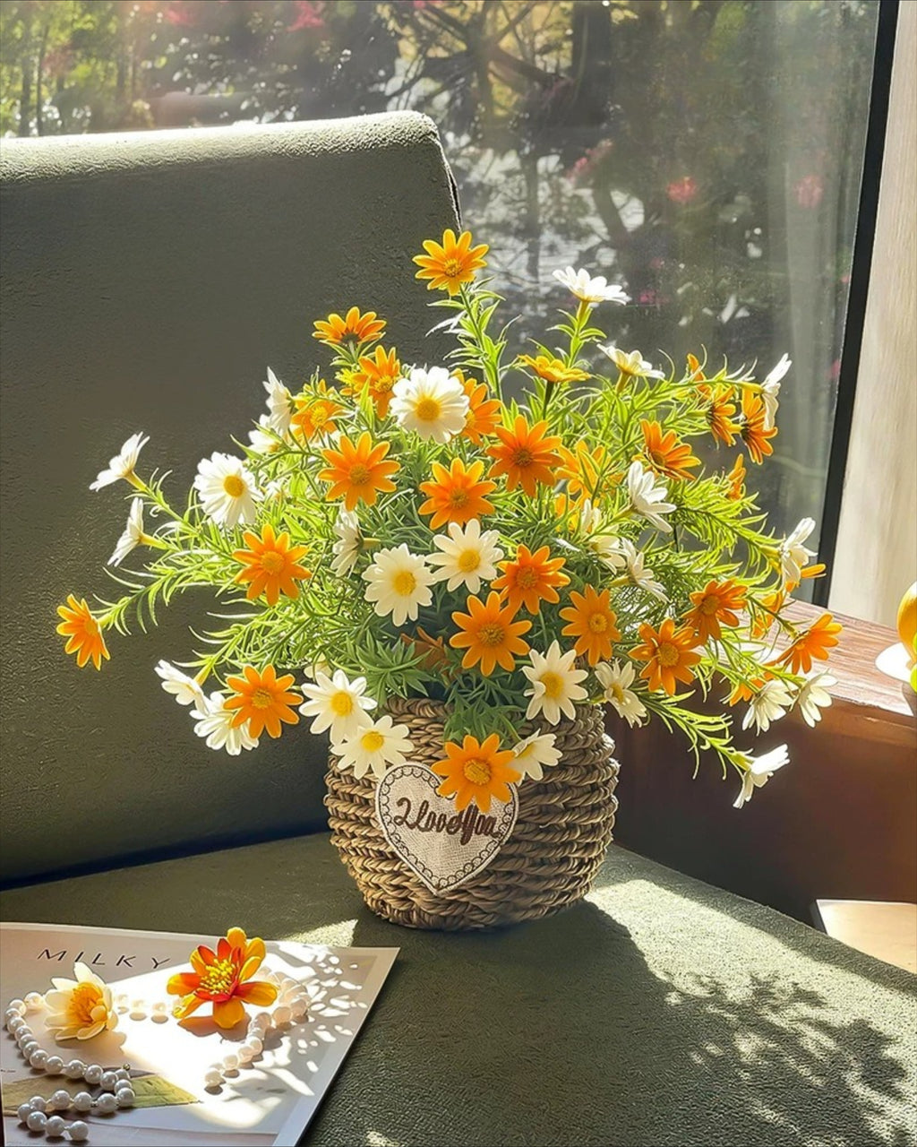 Arrangement floral artificiel Panier Marguerite et Camomille ensoleillés