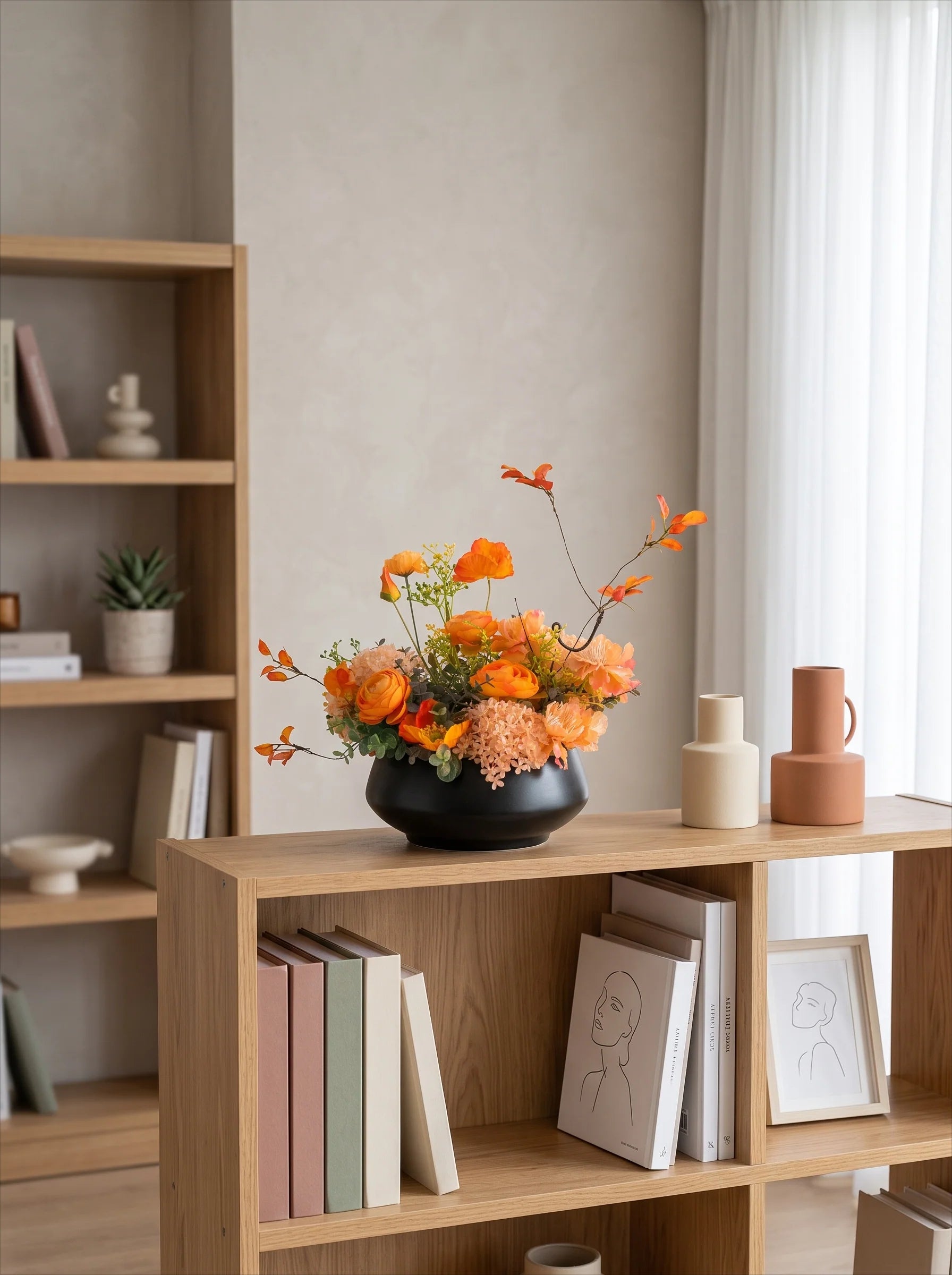 Warm Autumnal Sunset Poppy Asian Zen Artificial Floral Arrangement