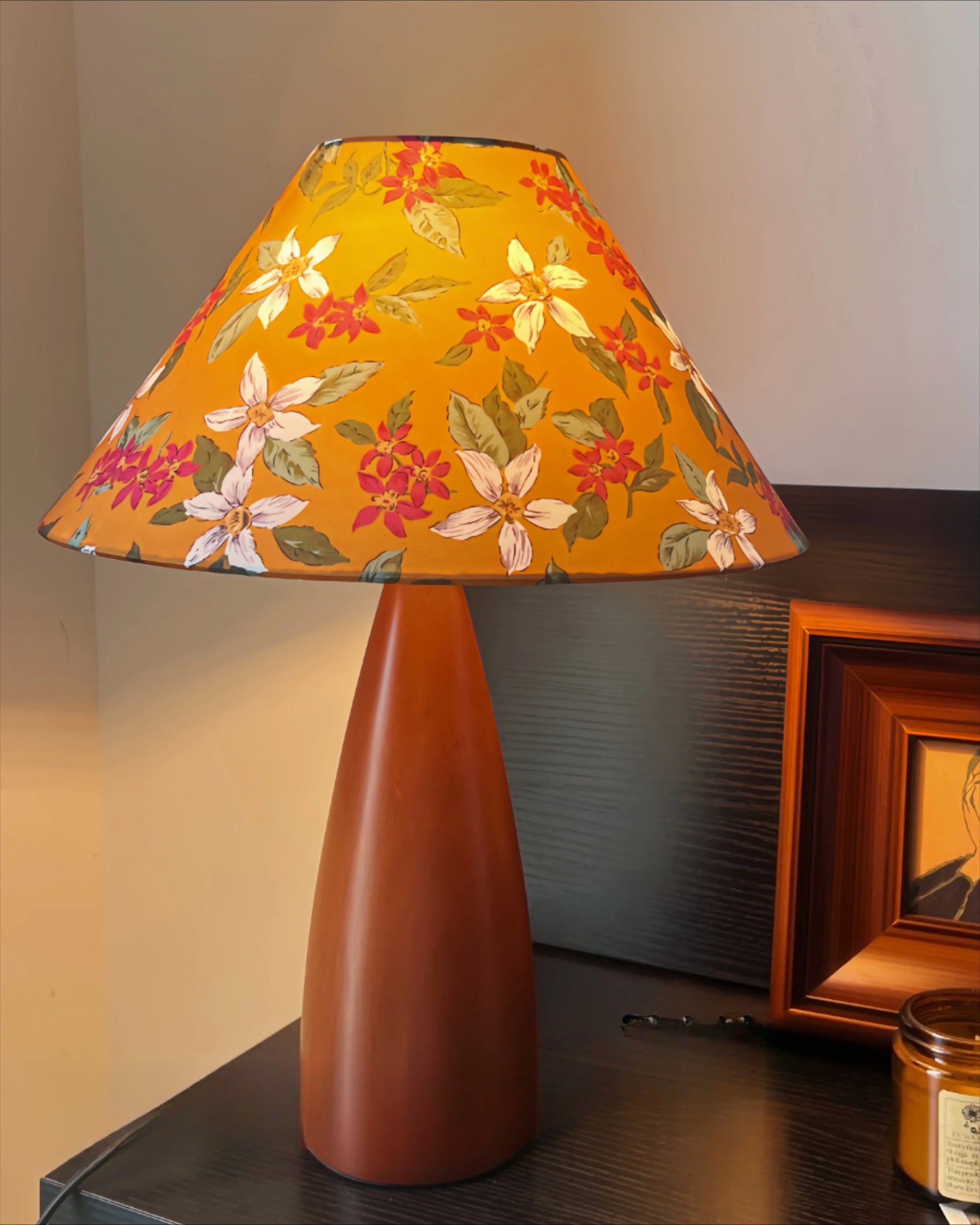 Mid-Century Floral Fabric Shade Table Lamp with Teardrop Wood Base