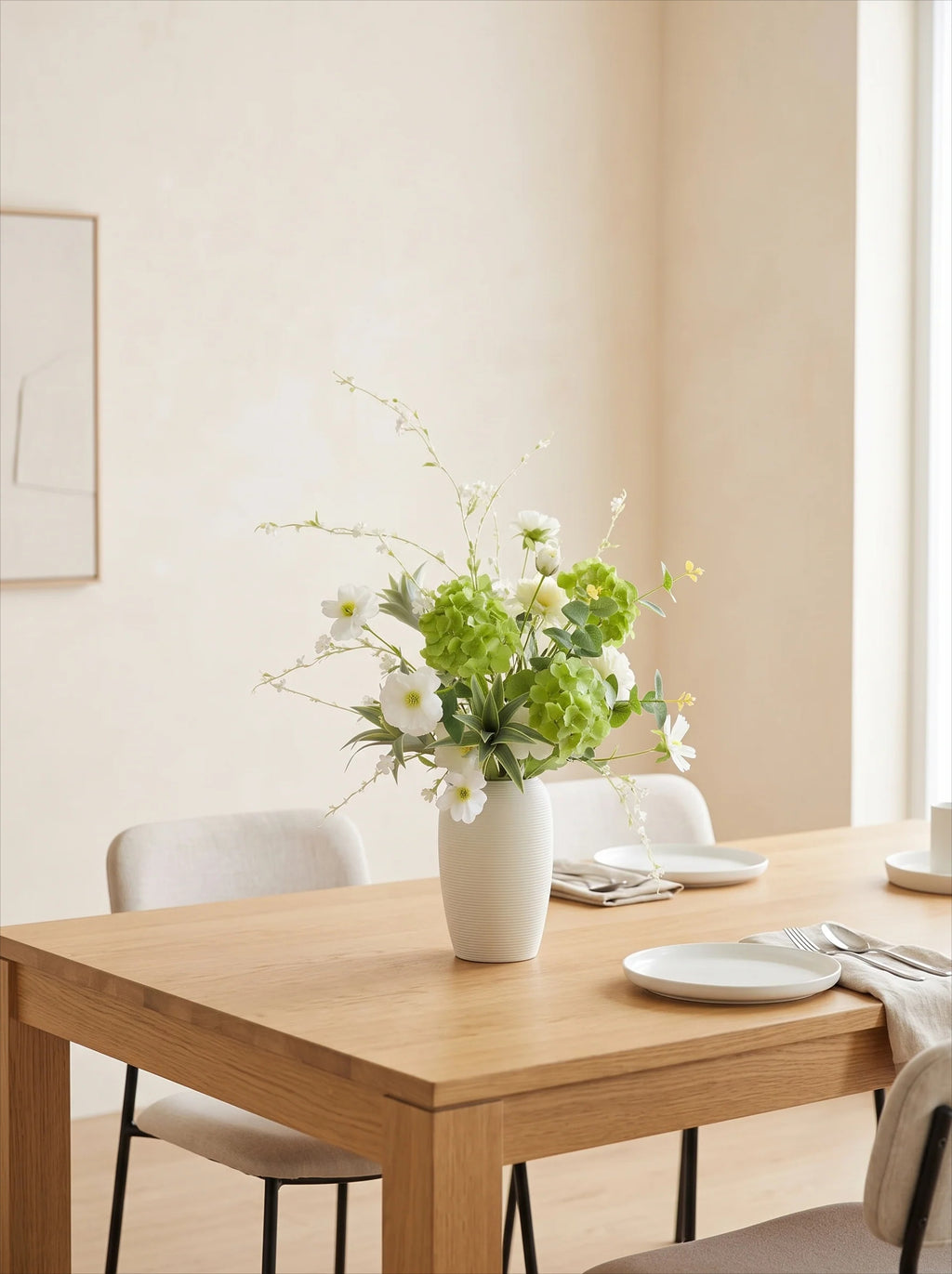 Vintage Fresh Green Hydrangea & White Cosmos Faux Floral Arrangement