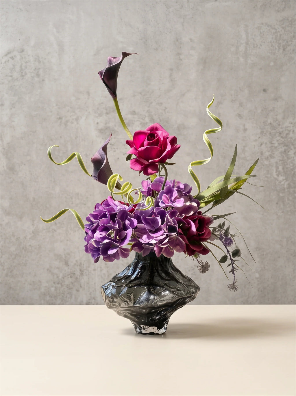 Moody Purple Hydrangea & Rose Faux Floral Arrangement