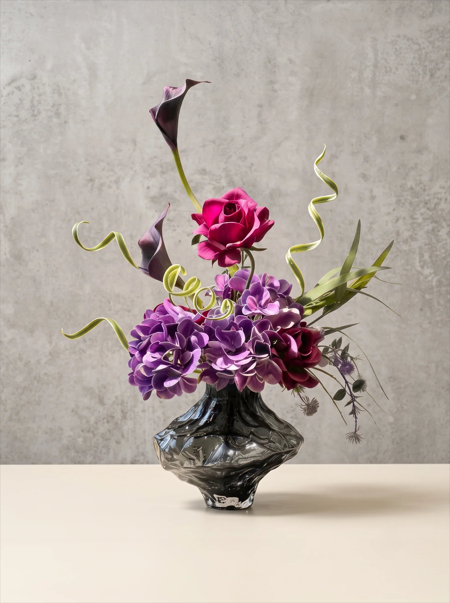 Moody Purple Hydrangea & Rose Faux Floral Arrangement