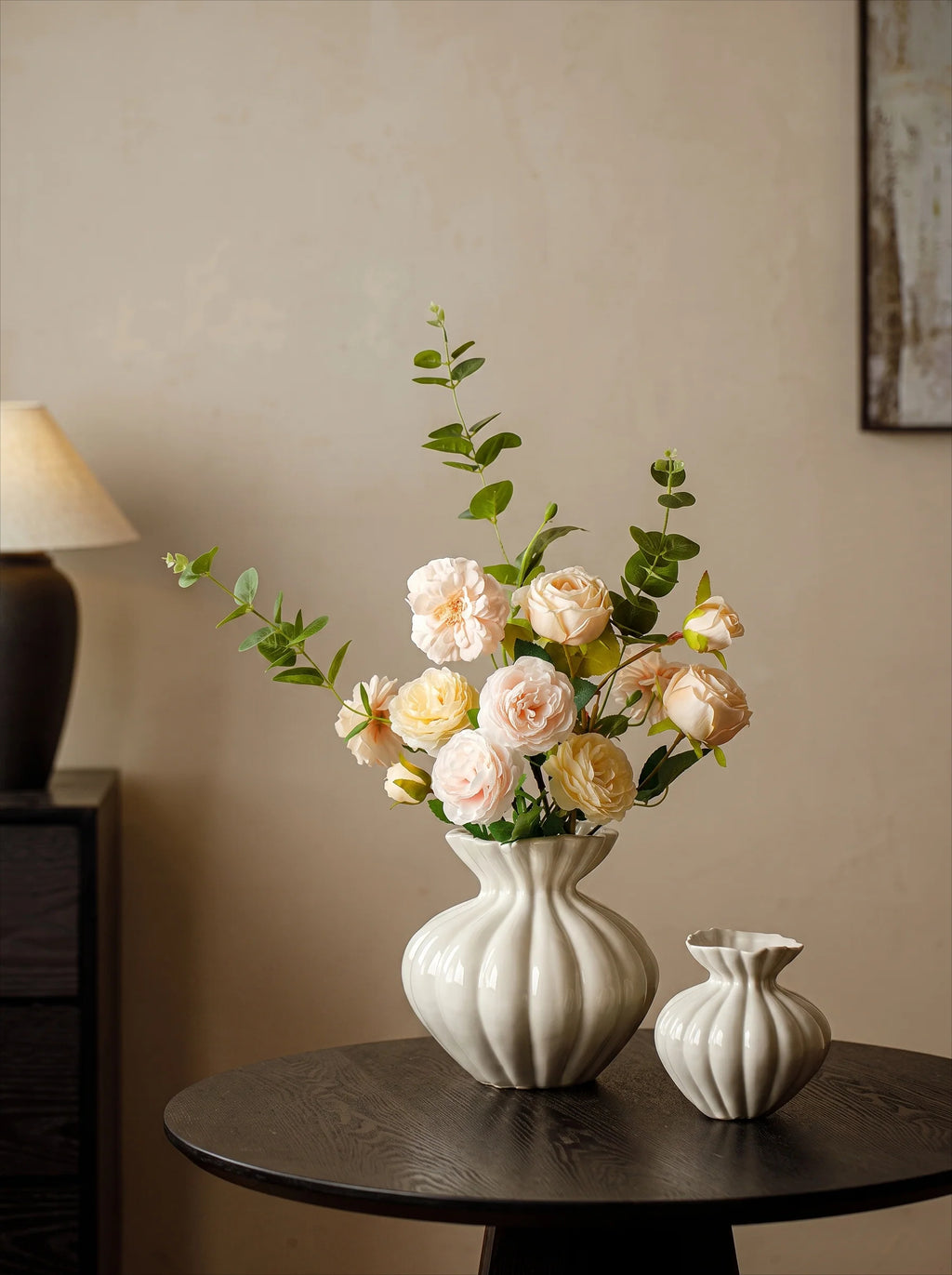 Elegant French Cream Fluted Ceramic Vase