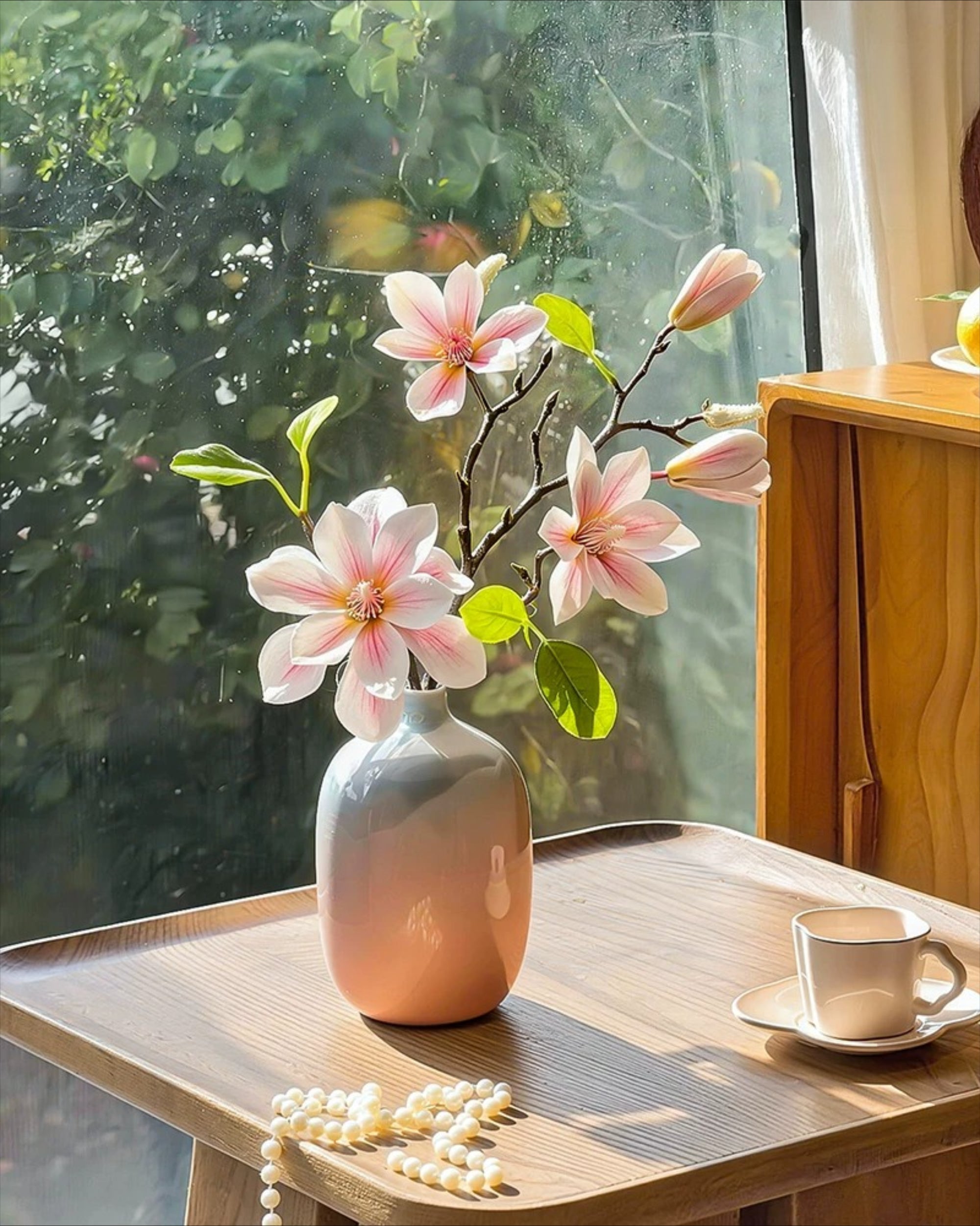 Arrangement floral artificiel Magnolia Rose Dégradé en Vase avec Vase