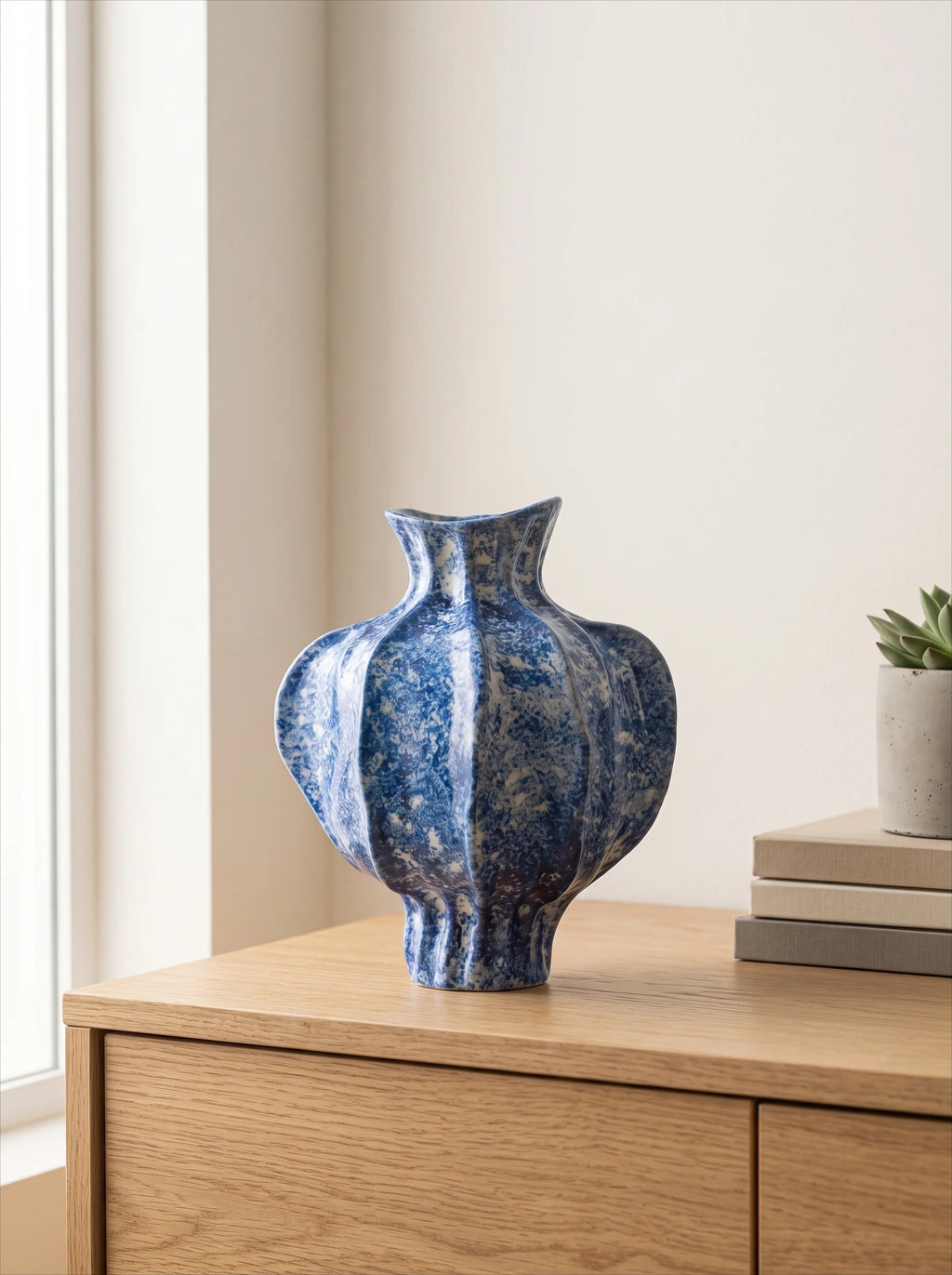 Artisan Sculptural Lapis-Blue Speckled Ceramic Vase