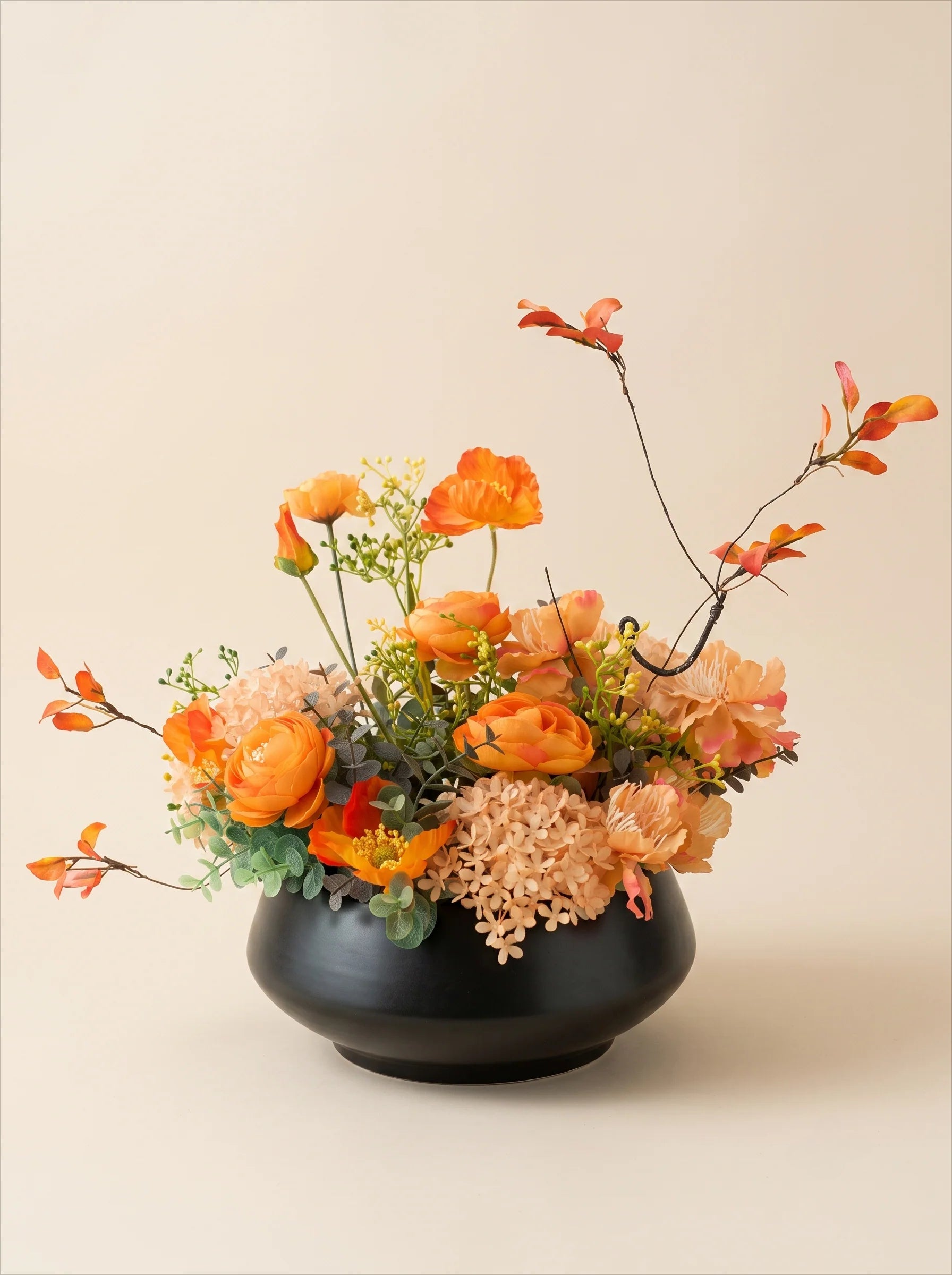 Warm Autumnal Sunset Poppy Asian Zen Artificial Floral Arrangement