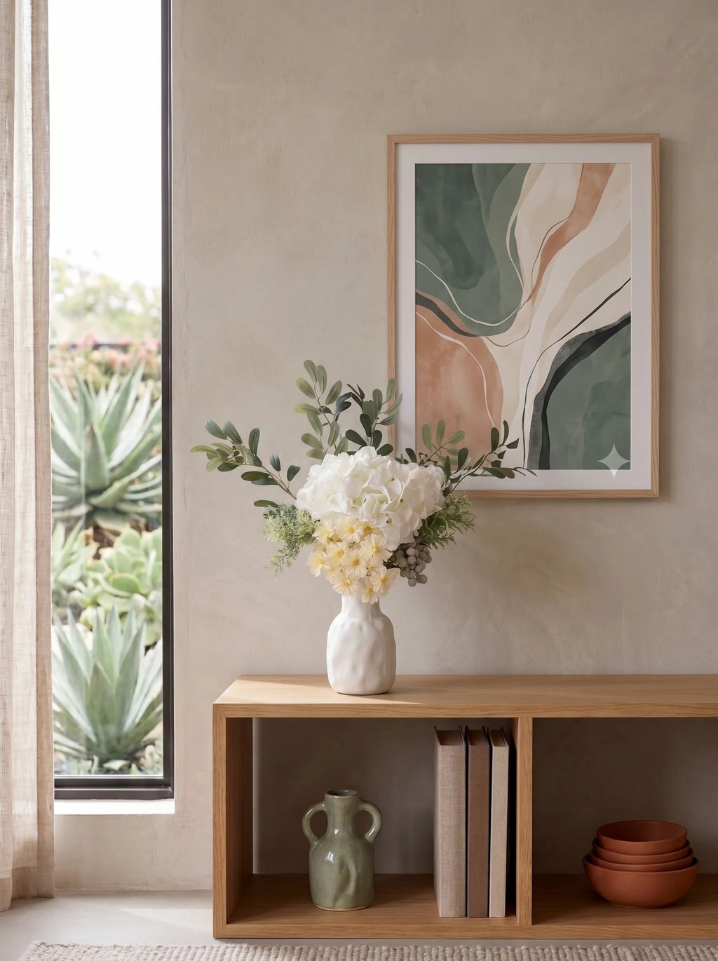 Eucalyptus & White Hydrangea Faux Floral Arrangement