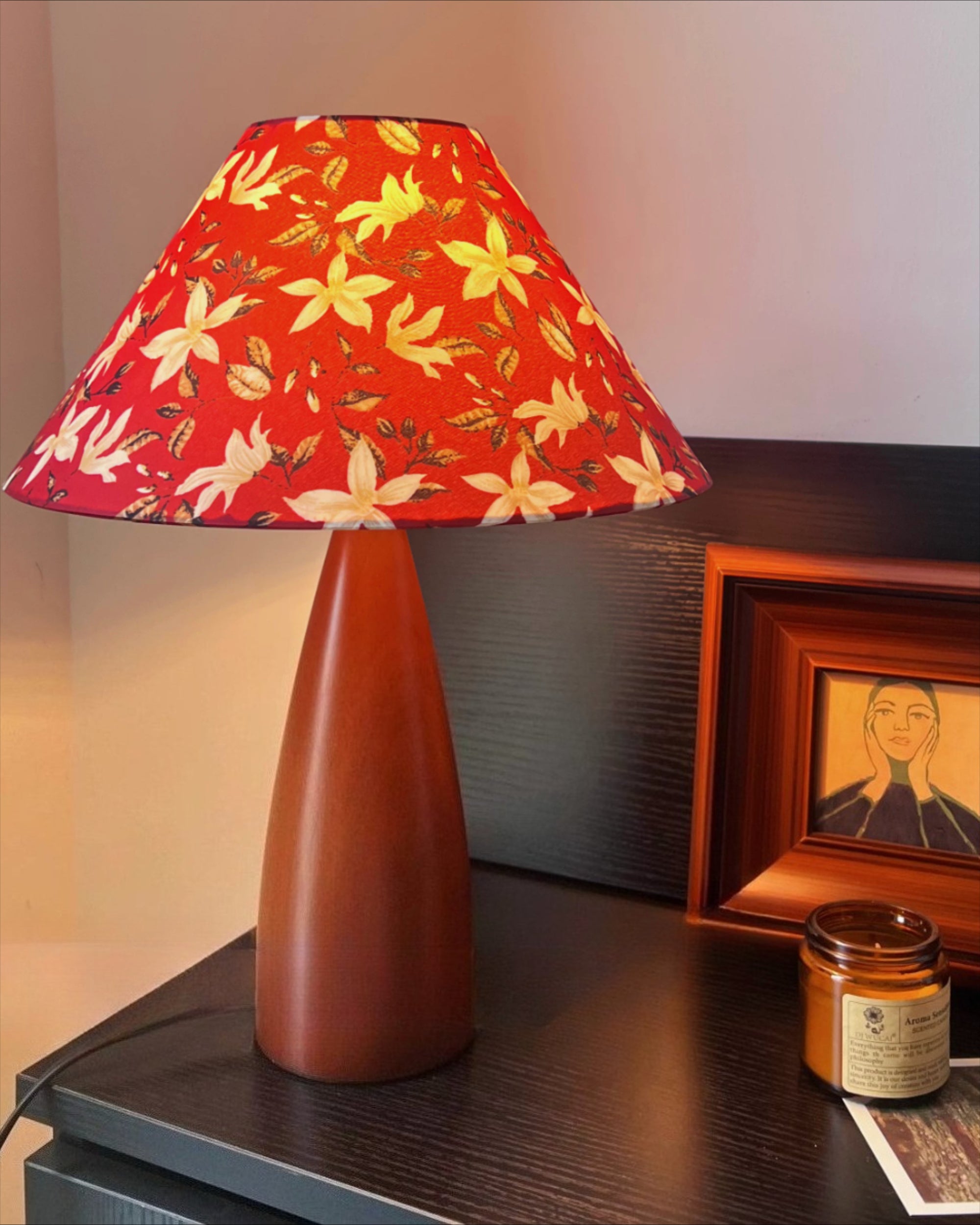 Mid-Century Floral Fabric Shade Table Lamp with Teardrop Wood Base
