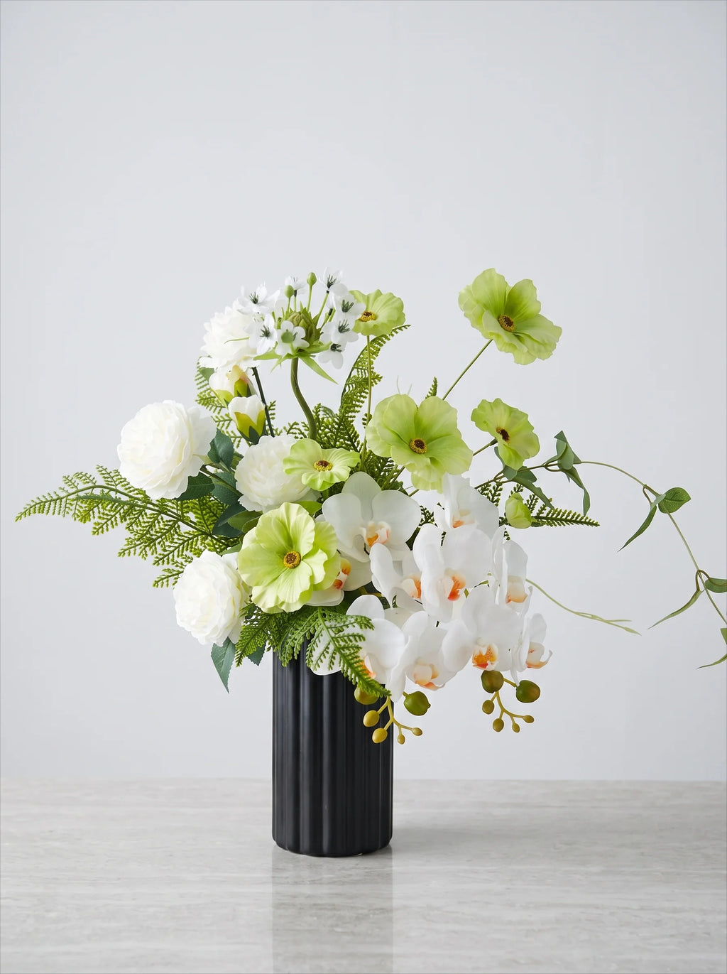 Modern Elegant White Orchid & Greenery Artificial Floral Arrangement