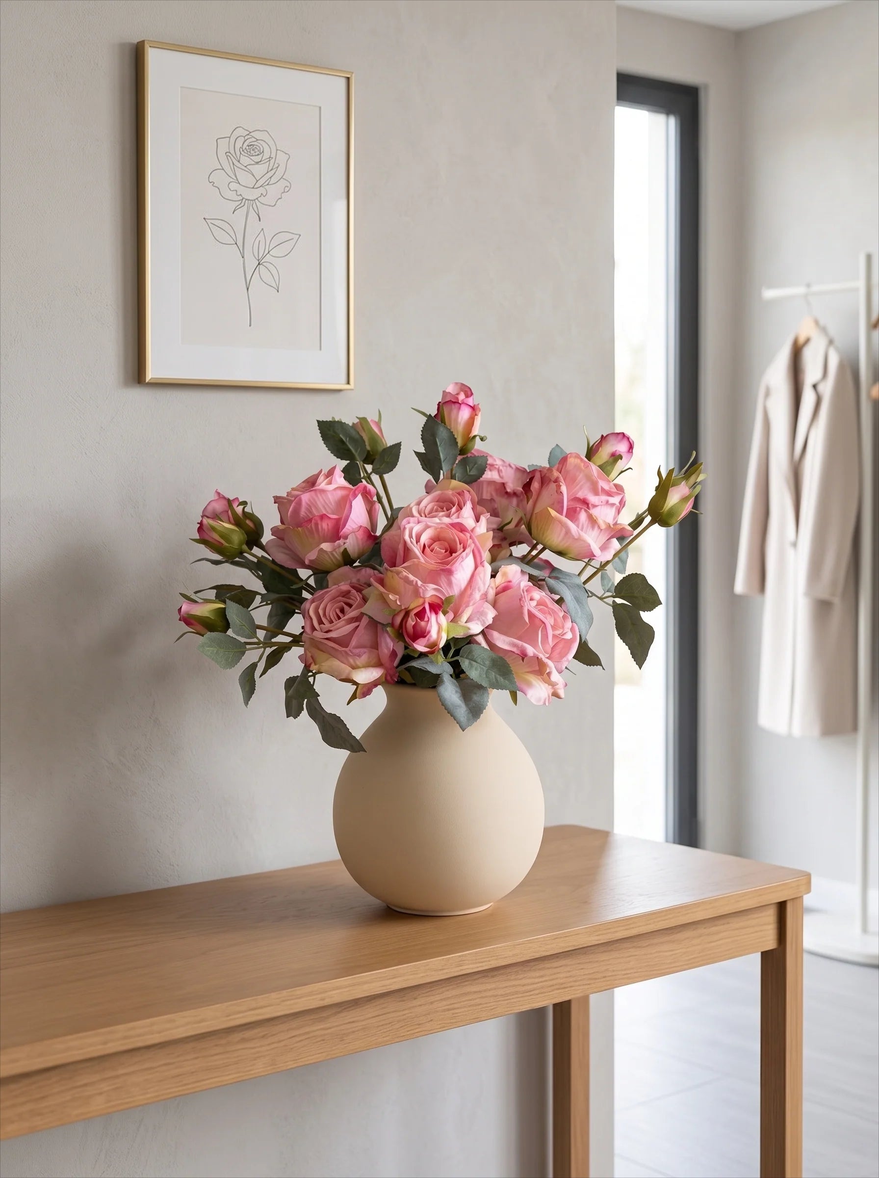 Faux Floral Arrangement - Pink Rose & Greenery (4 Stems)